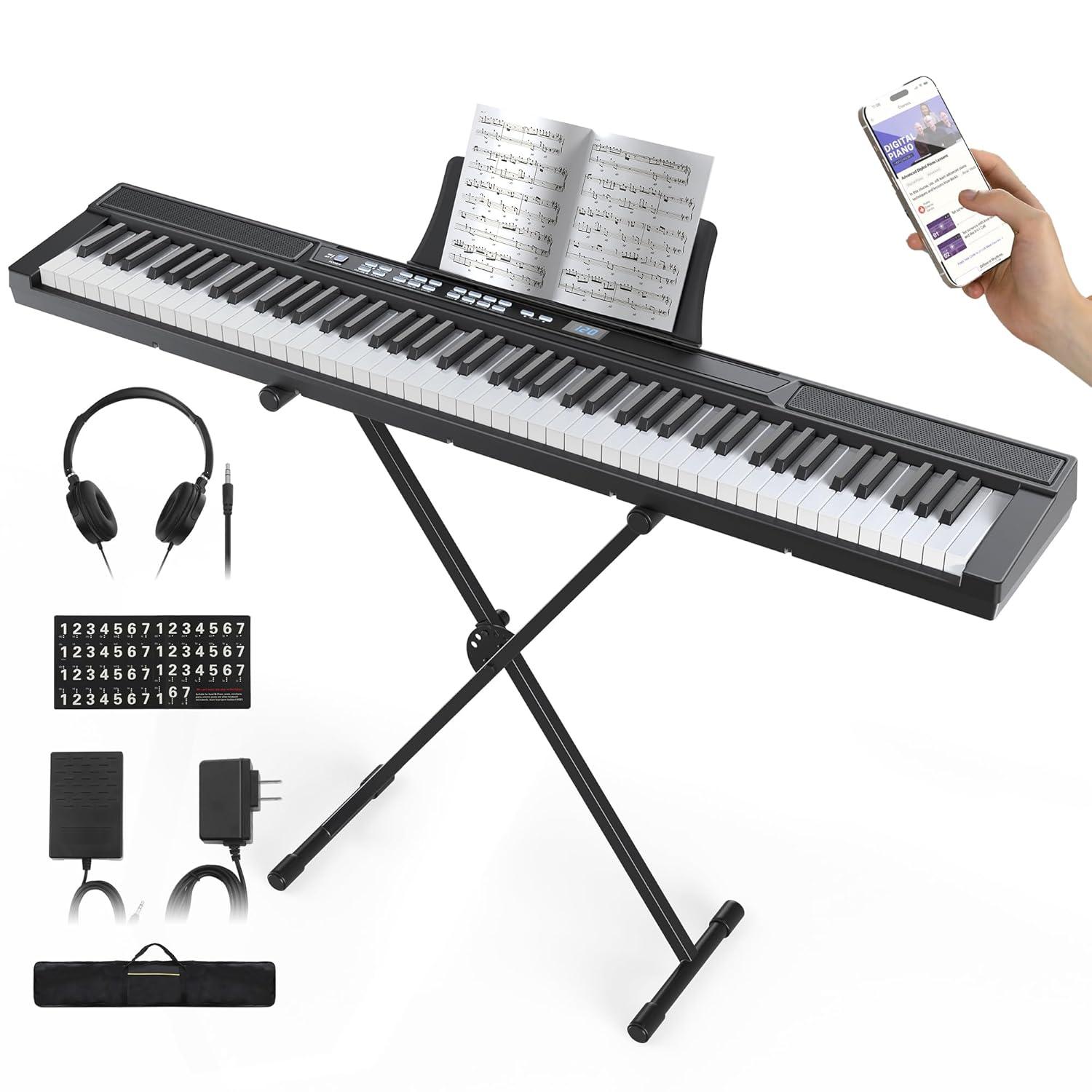 Fenbeli 61 Key Piano Keyboard with Lighted Keys Electric Keyboard Kit with Stand, Bench, Headphones, Built-in Speakers, Pink