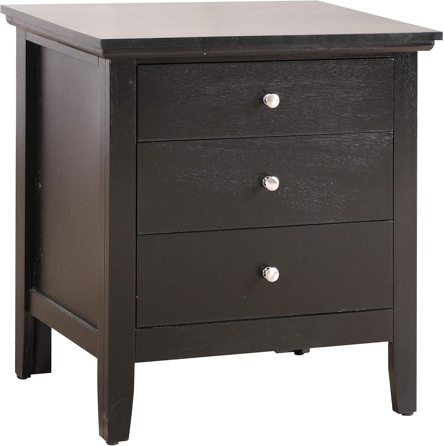 Transitional Nickel-Handled 3-Drawer Nightstand in Black