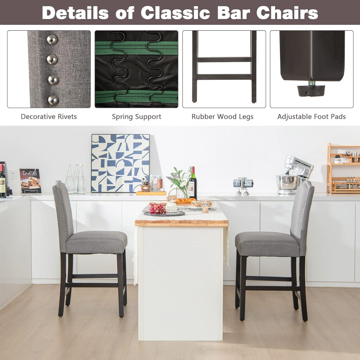 Gray Upholstered Counter Height Bar Stools with Wood Legs