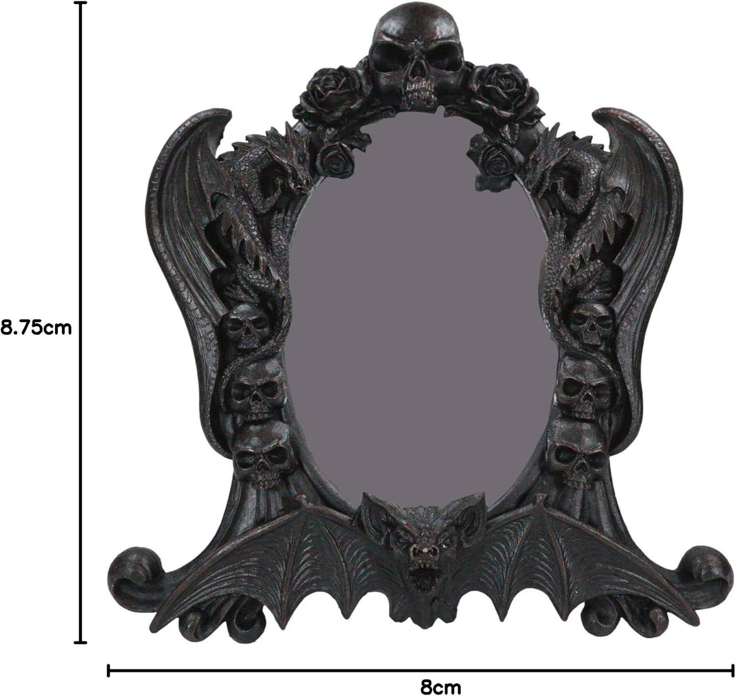 Gothic Black Resin Mirror with Skulls, Roses, and Bats