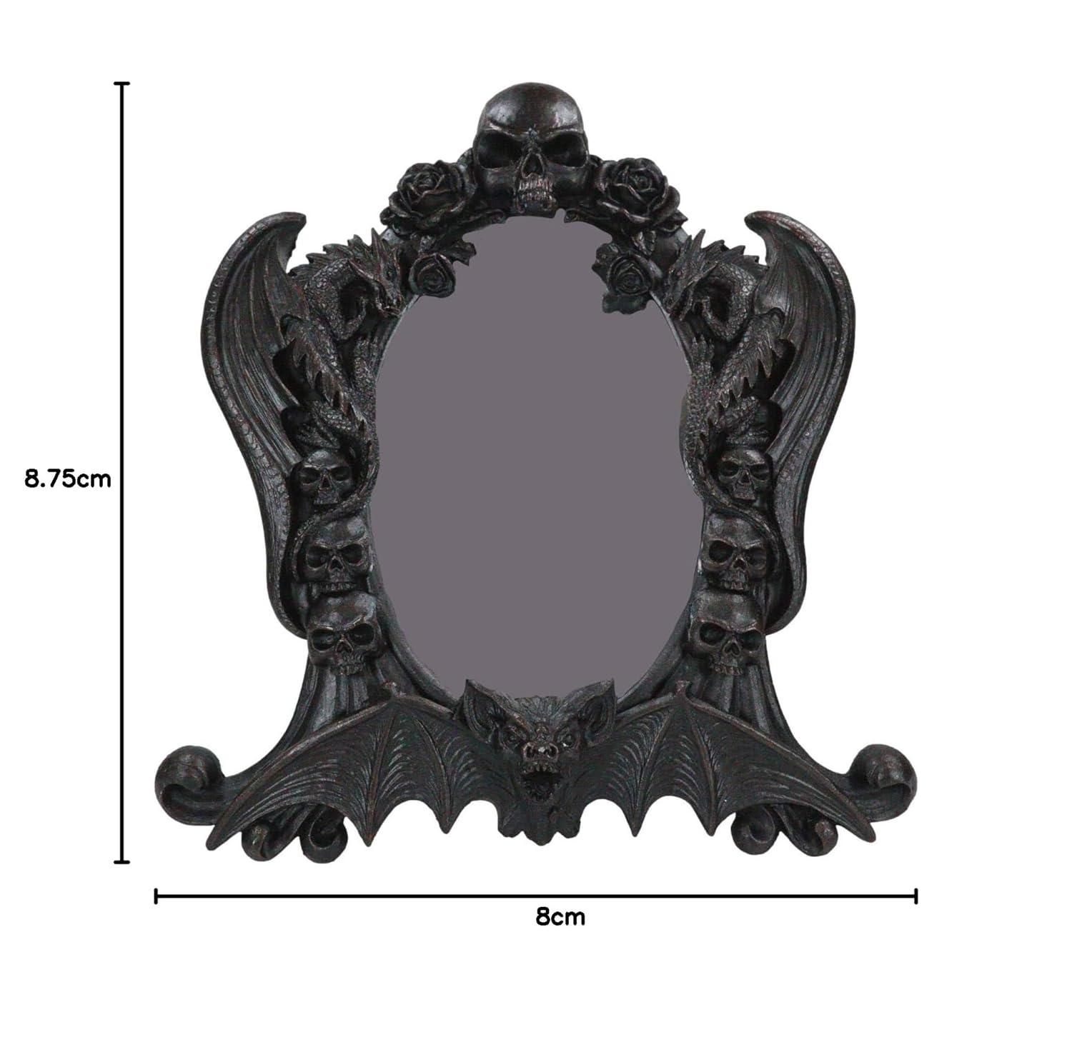 Gothic Black Resin Mirror with Skulls, Roses, and Bats