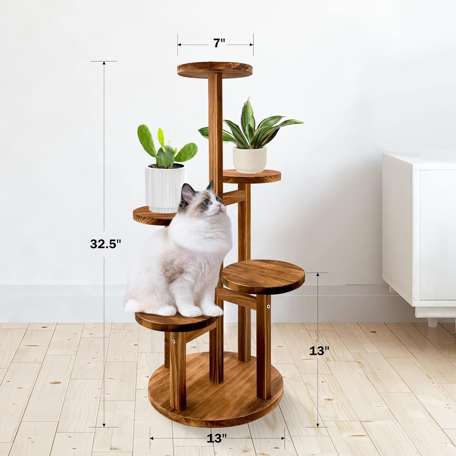 Walnut 5-Tier Round Pine Wood Corner Plant Stand