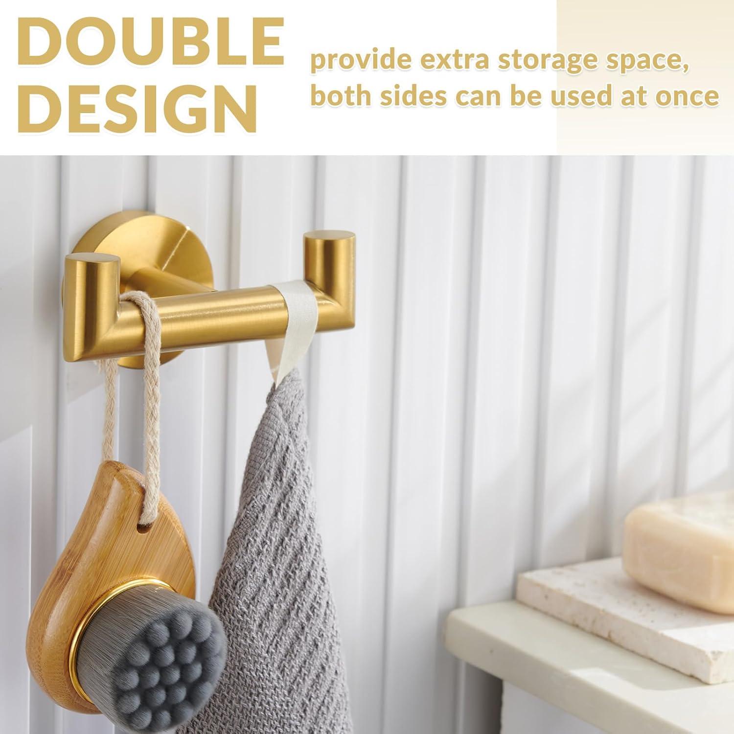 Simple Bathroom Double Hook Brushed Gold, Sus304 Stainless Steel Bath Towel Holder, Double Robe Hanger Wall Mount