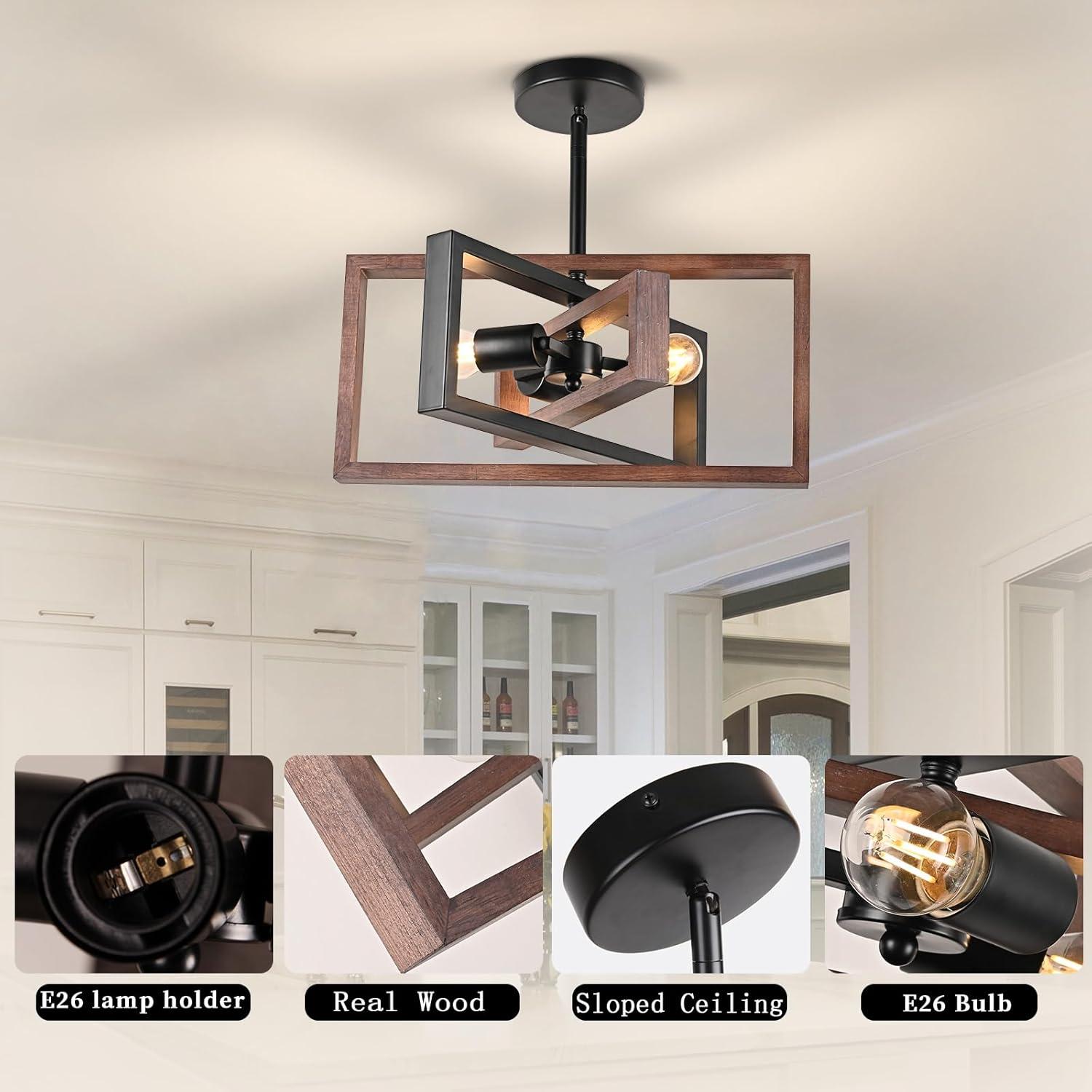 3-Light Black Ceiling Light Fixture for Dining Room Foyer Modern Farmhouse Lighting Fixtures Semi Flush Mount Rectangle Metal Ceiling Light for Bedroom Kitchen Island Entryway 15.74''