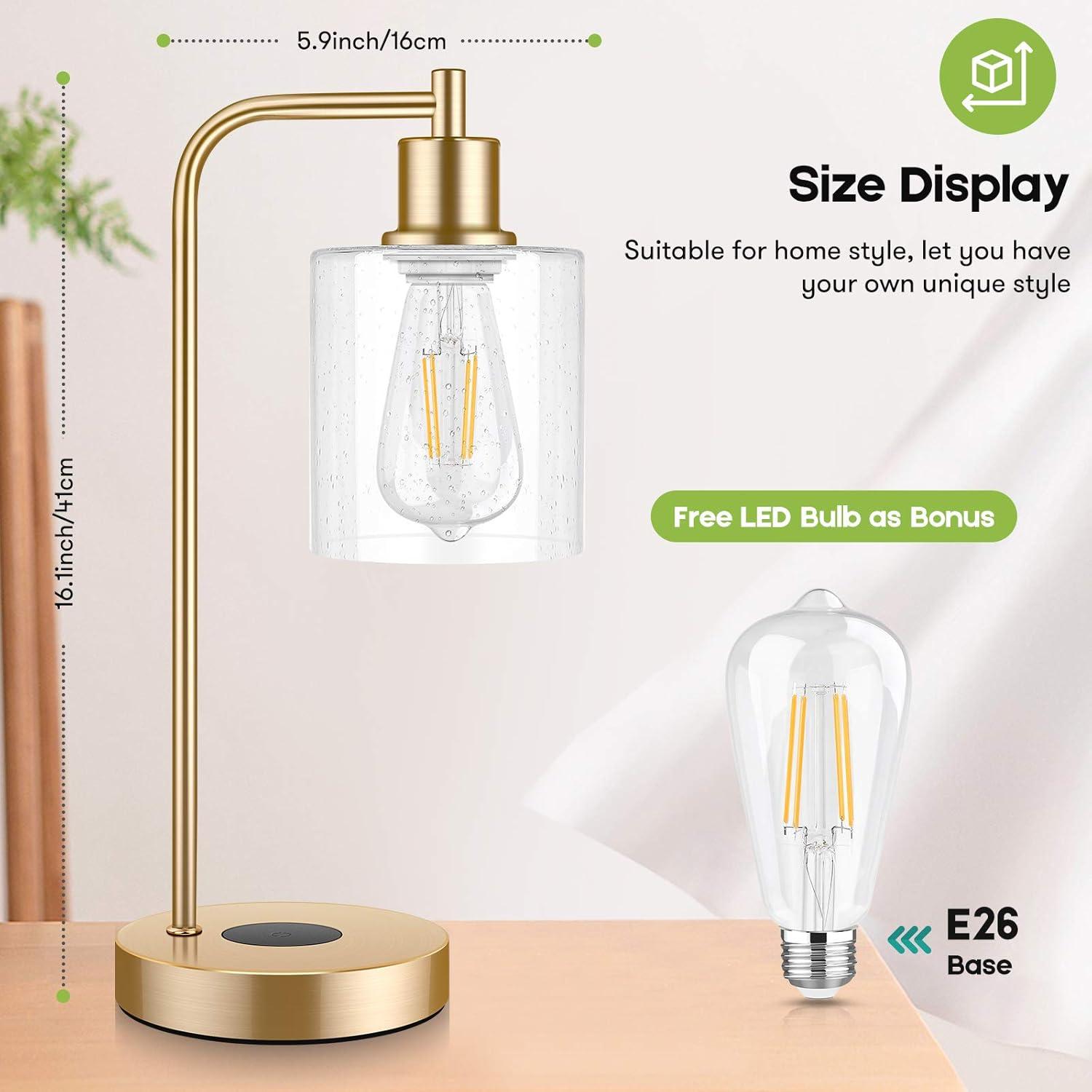 Set of 2 Wireless Charging Industrial Table Lamps Gold 3-Way Touch Control Dimmable Desk Lamp with USB Ports Bedside Lamp with Hanging Seeded Glass Shade for Office Bedroom Living Room, Bulbs Included