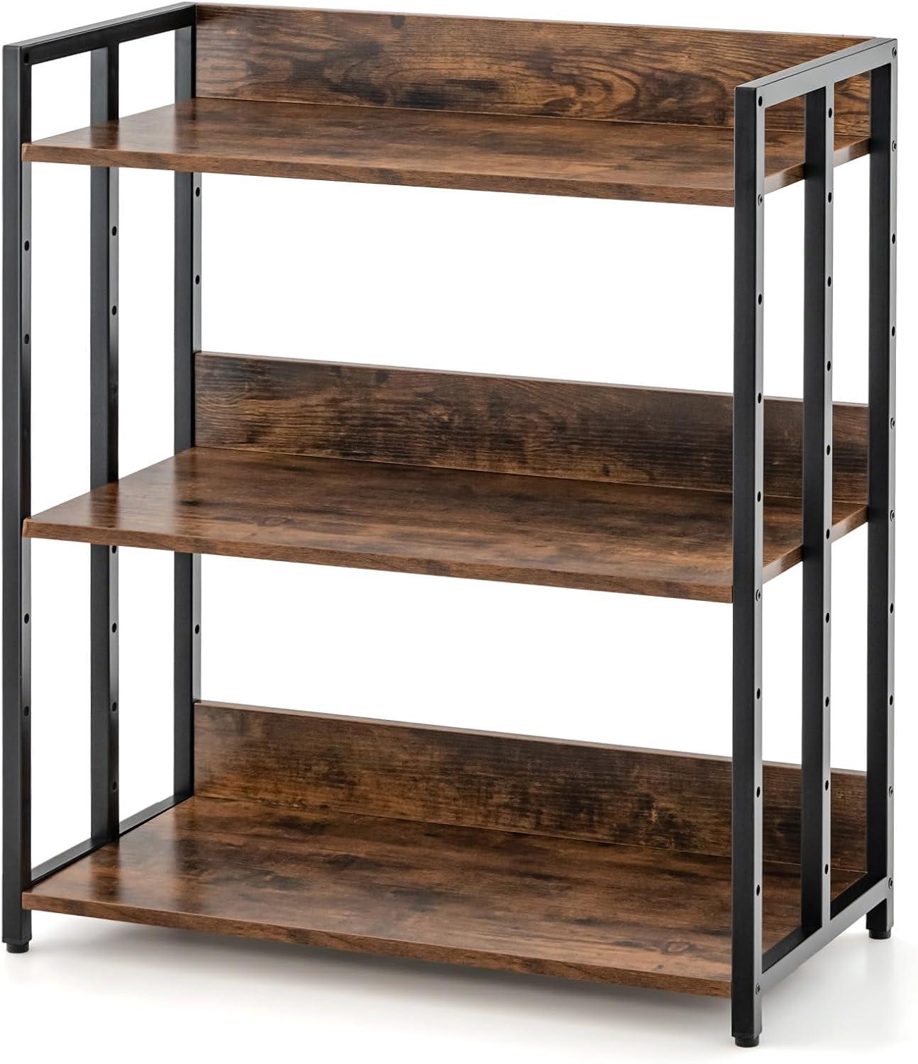 Industrial Black Metal 3-Tier Adjustable Bookshelf