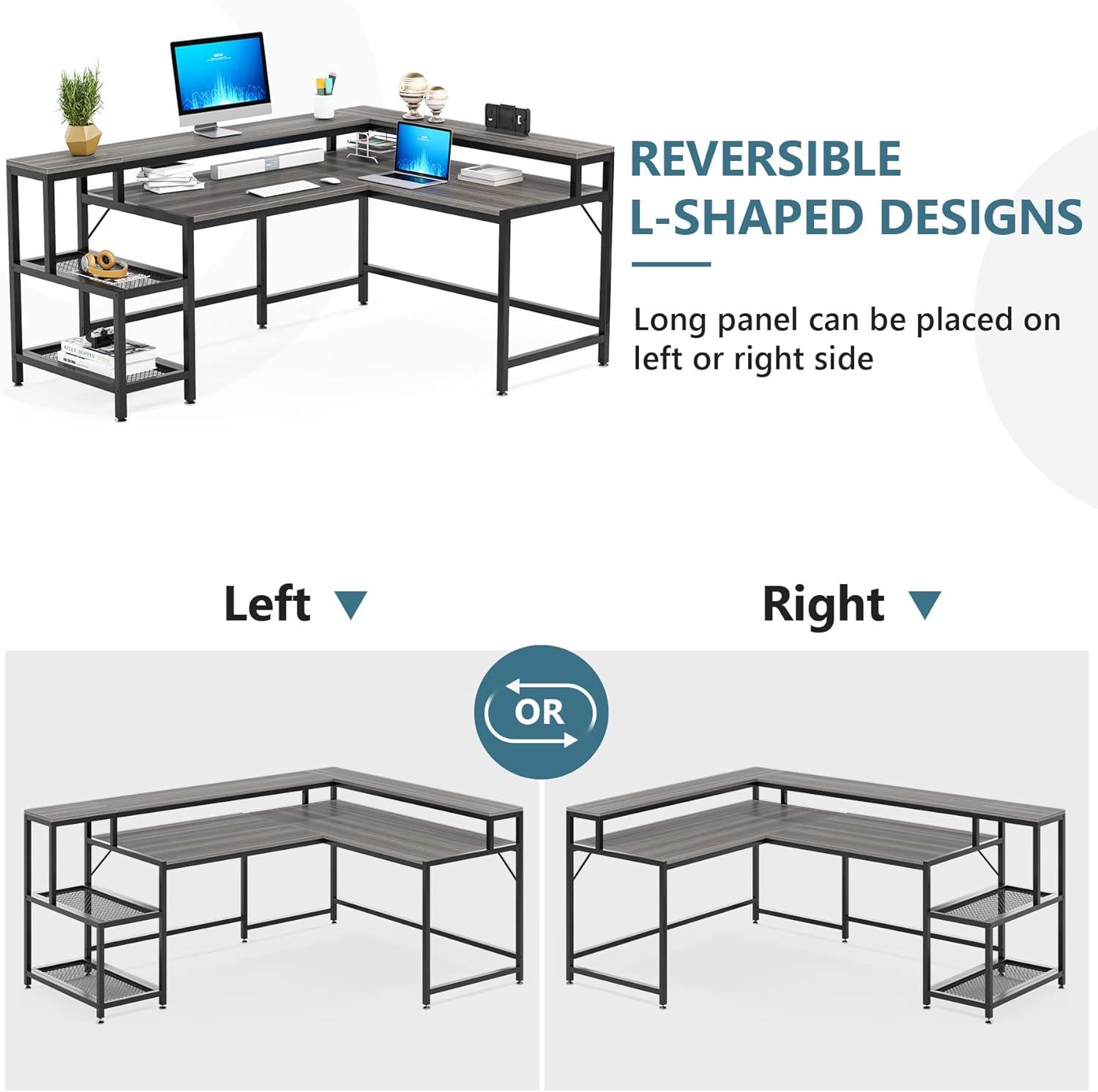 Gray L-Shaped Corner Computer Desk with Monitor Shelf