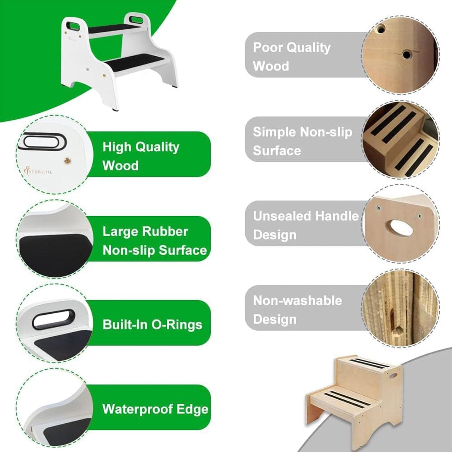 StrongTek Wood 2 Step Stool with Non-Slip Stepping Surface and Portable Handles, Multipurpose Heavy-Duty Support (300 LBS Capacity)