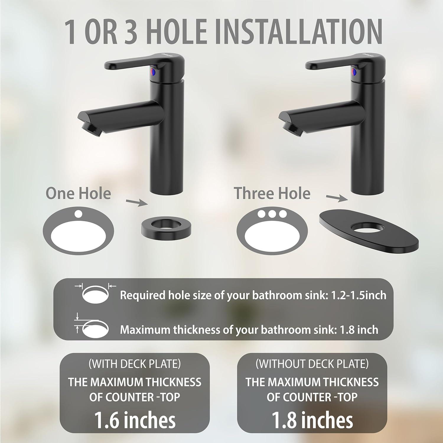 Bathroom Sink Faucet One Hole,Lavatory Tap for Basin,Matte Black Bathroom Sink Faucet with Metal Pop Up Drain Assembly， Bathroom Faucet 1 Hole with 3 Hole Deck Plate