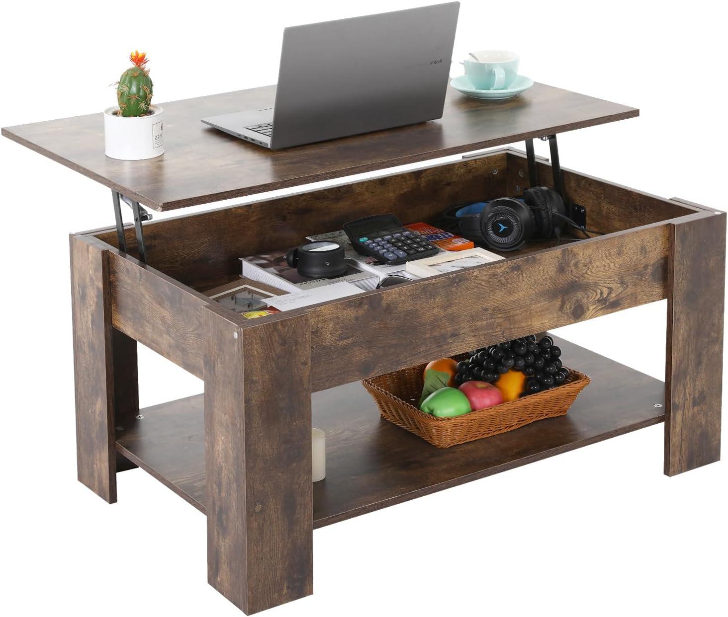 Brown Lift-Top Coffee Table with Storage Shelf