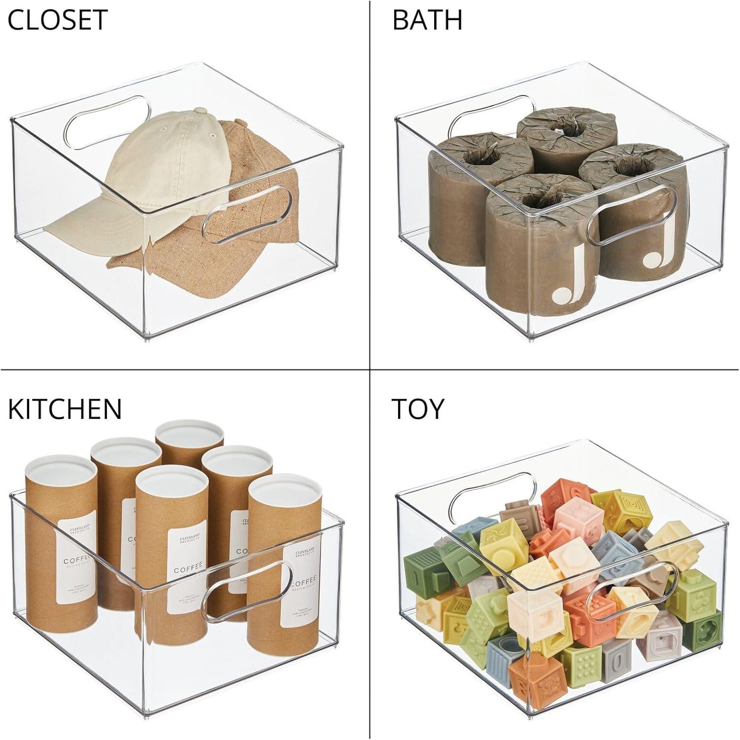 mDesign Deep Plastic Home Storage Organizer Bin, Built-In Handles, 8 Pack, Clear