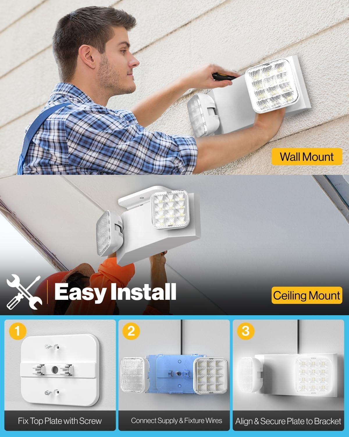 Sunco LED Emergency Lights, Commercial Lighting for Business, Power Outages, Offices, with Backup Battery (90 Minutes), Wall Mount, Hard Wired, 120-277V, Fire Resistant (94V-0) UL 2 Pack.