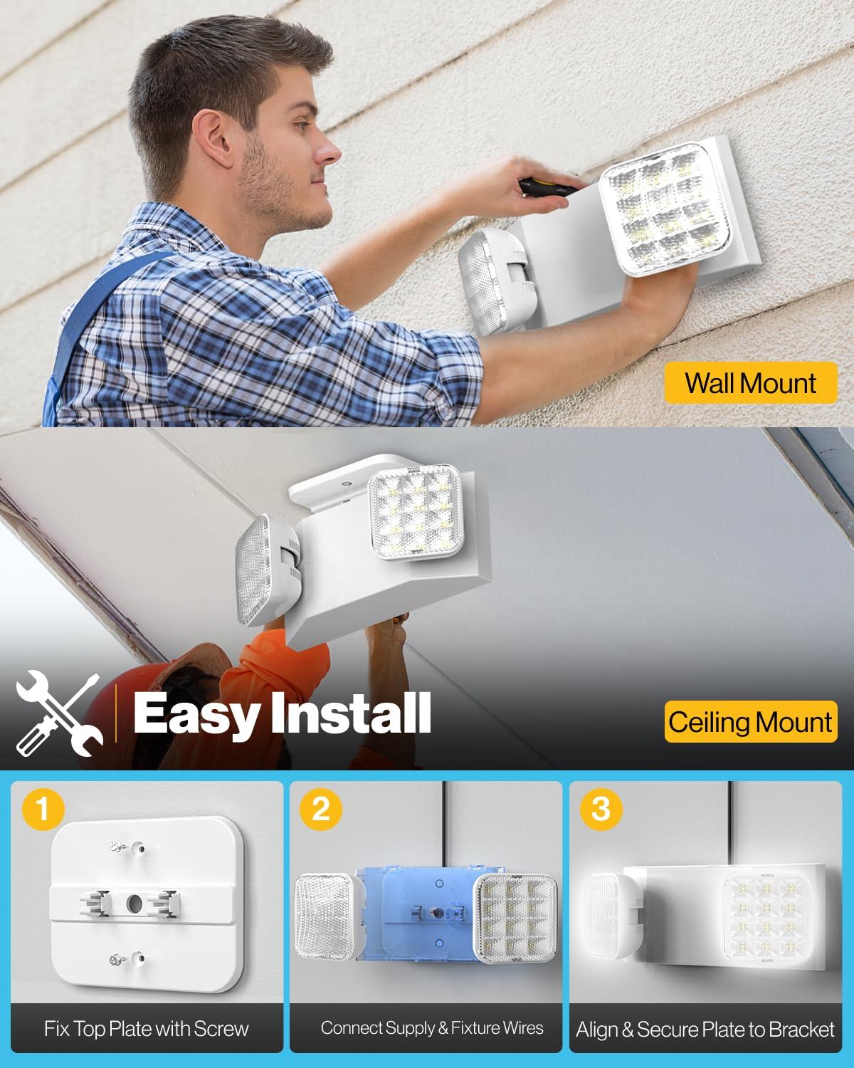 Sunco LED Emergency Lights, Commercial Lighting for Business, Power Outages, Offices, with Backup Battery (90 Minutes), Wall Mount, Hard Wired, 120-277V, Fire Resistant (94V-0) UL 2 Pack.