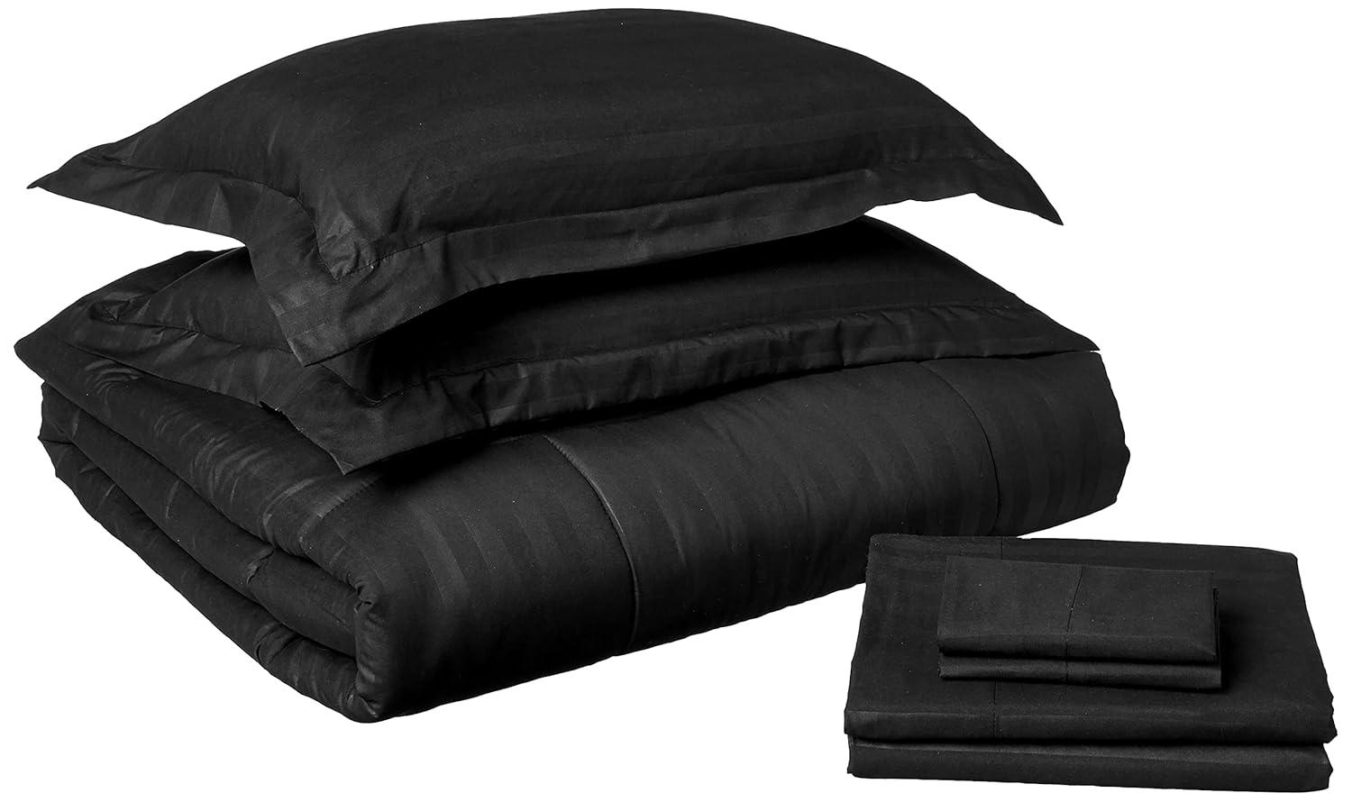 Elegant Comfort Wrinkle Resistant - Luxurious Silky Soft Dobby Stripe Bed-in-a-Bag, 8-Piece Comforter Set - HypoAllergenic - Full/Queen, Black