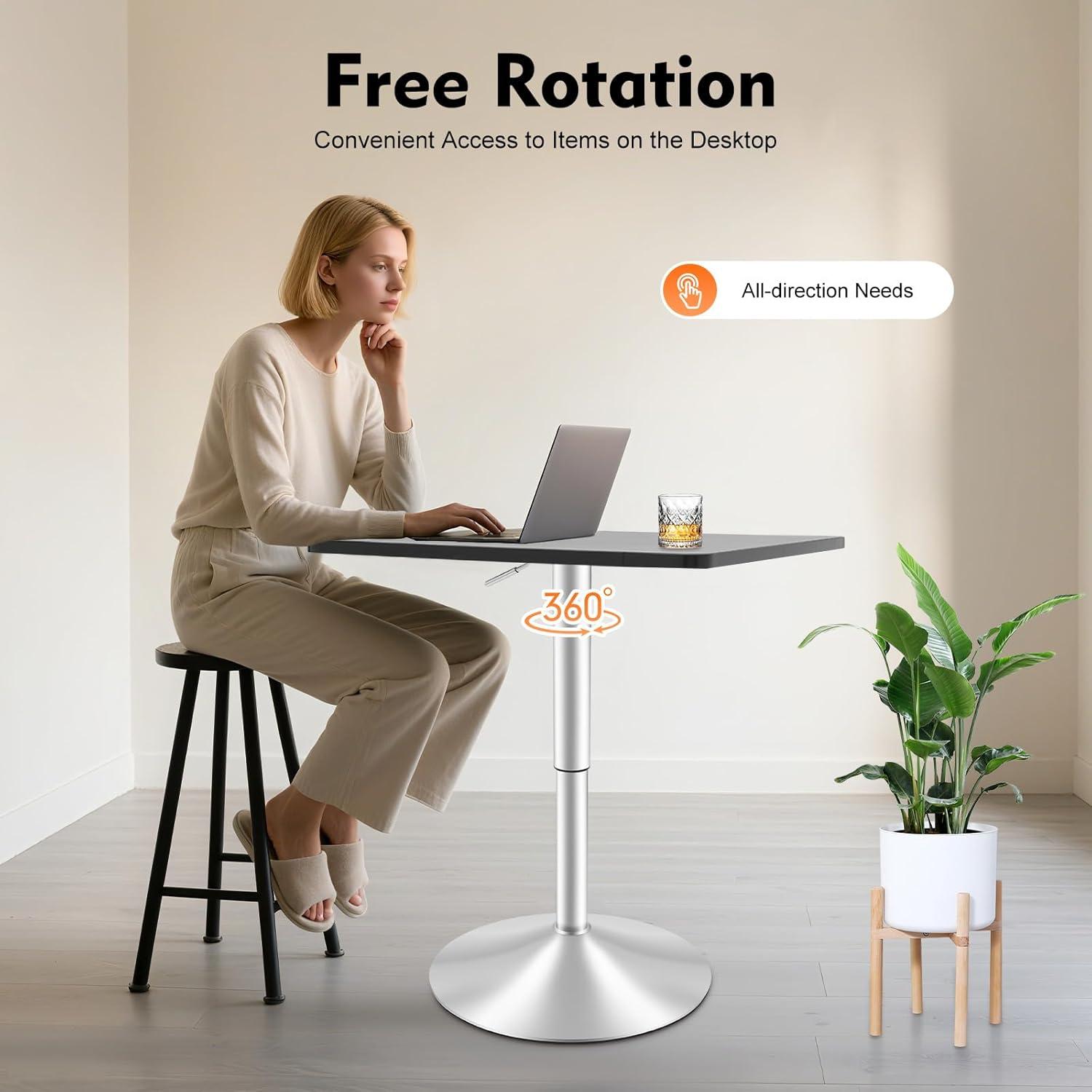 Square Bar Table, Modern Pub Table, 360° Swivel Cocktail Table, Adjustable Height with Black Top, Stainless Steel Leg and Base