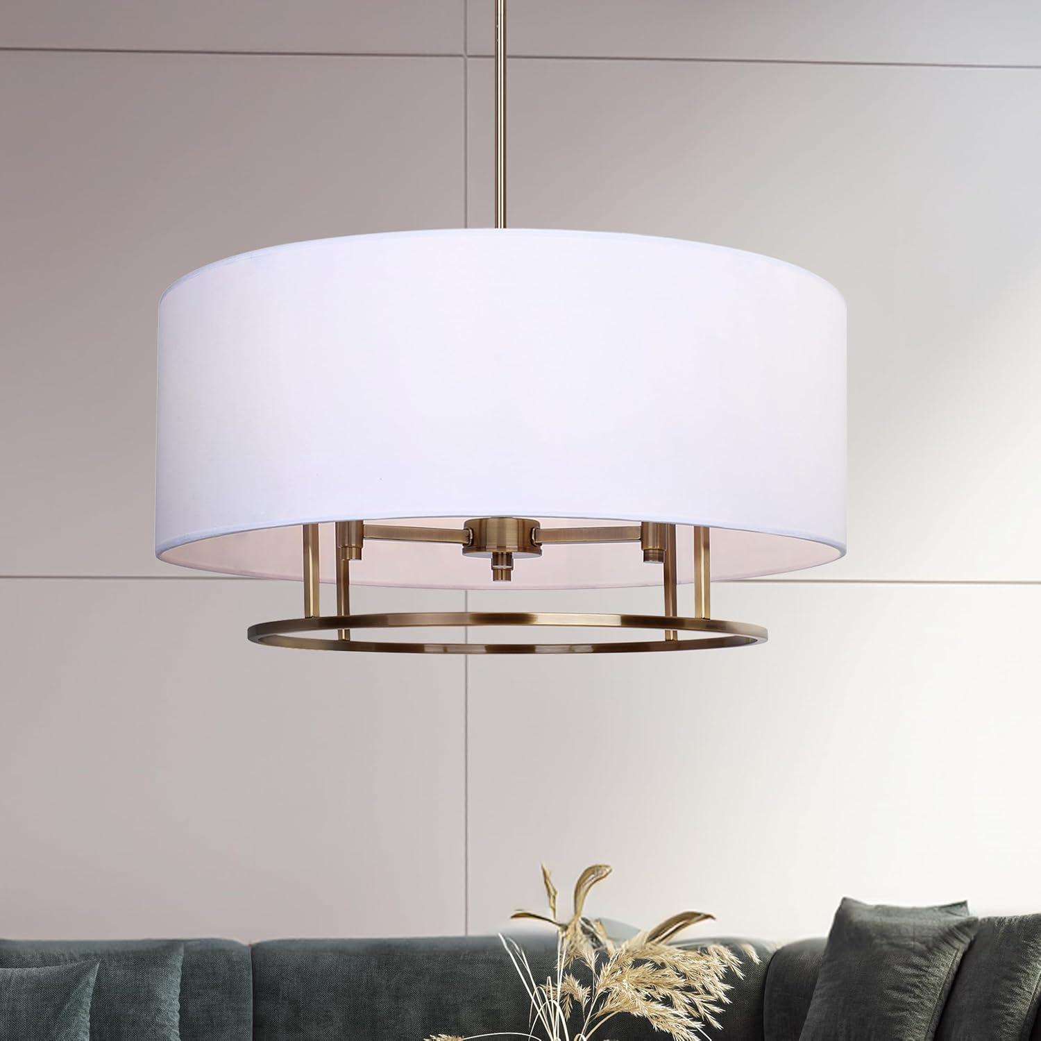 Aria Halo 3-Light Drum Chandelier, 24-Inch Wide Modern Gold Pendant with White Fabric Shade, Adjustable Height Ceiling Light