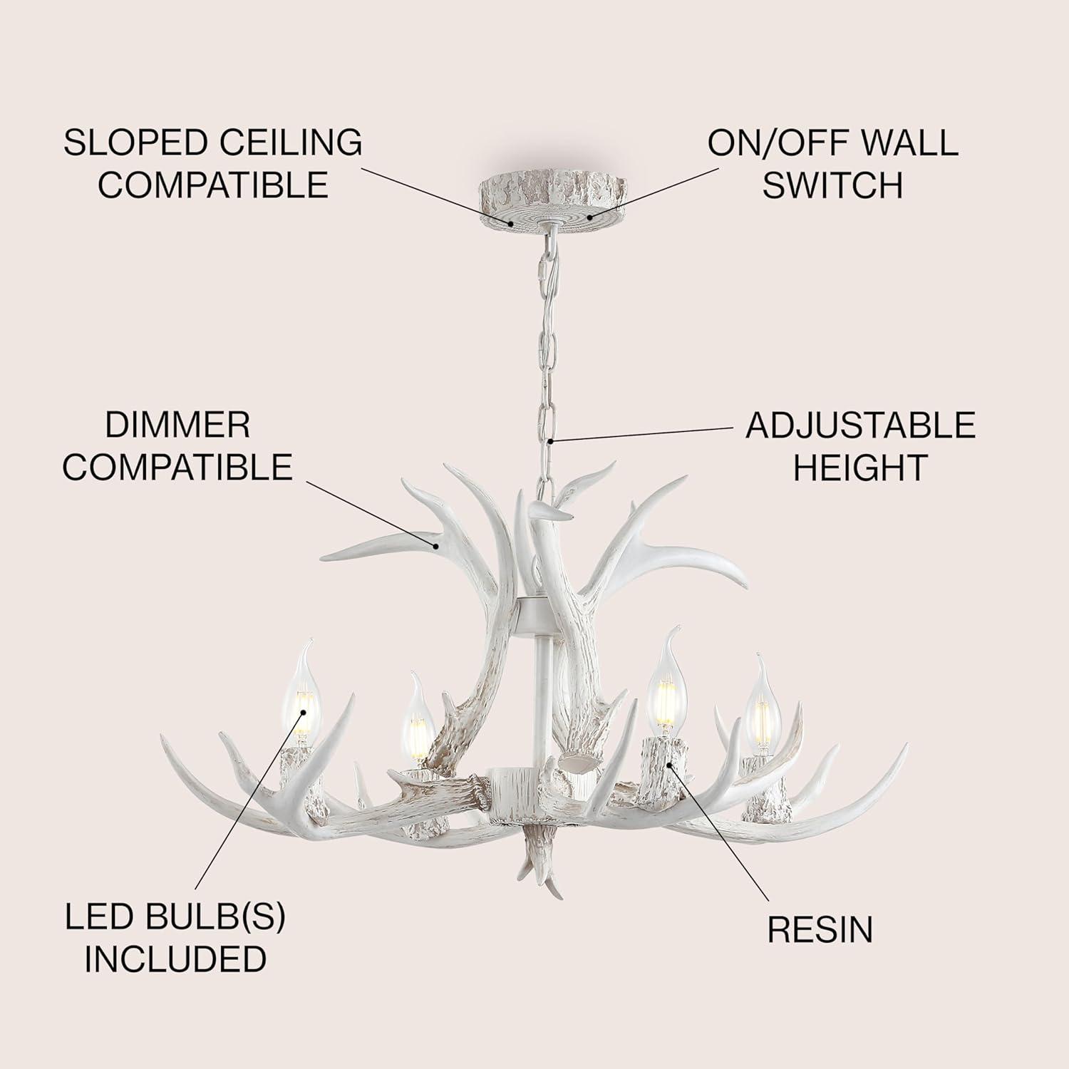 JONATHAN Y JYL6301B Eldora 26" Adjustable Resin Antler 4-Light LED Chandelier, Farmhouse, Glam, Transitional, Rustic, Cottage for living room, dinning room, bedroom, office Bulb Included, White
