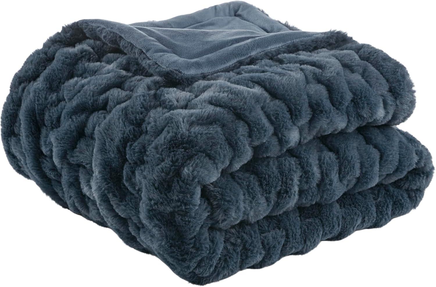 Madison Park Slate Blue Ruched Fur Throw 50x60"