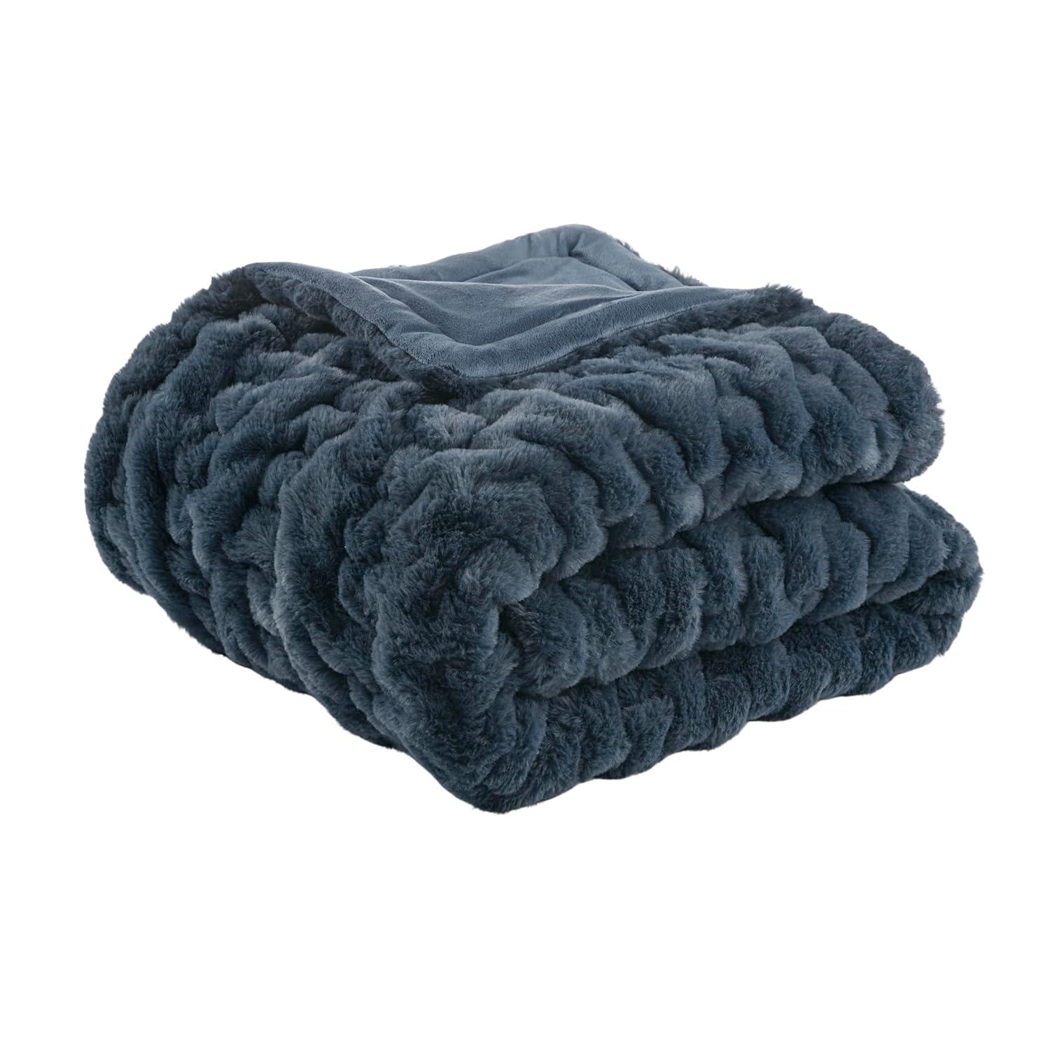 Madison Park Slate Blue Ruched Fur Throw 50x60"