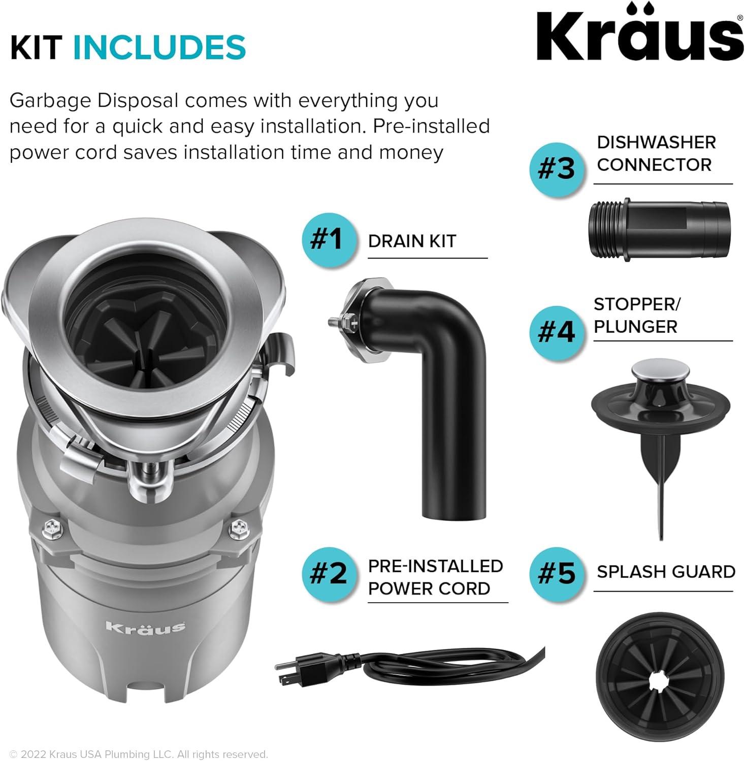 KRAUS WasteGuard Continuous Feed Motor Garbage Disposal with Power Cord and Universal Mount