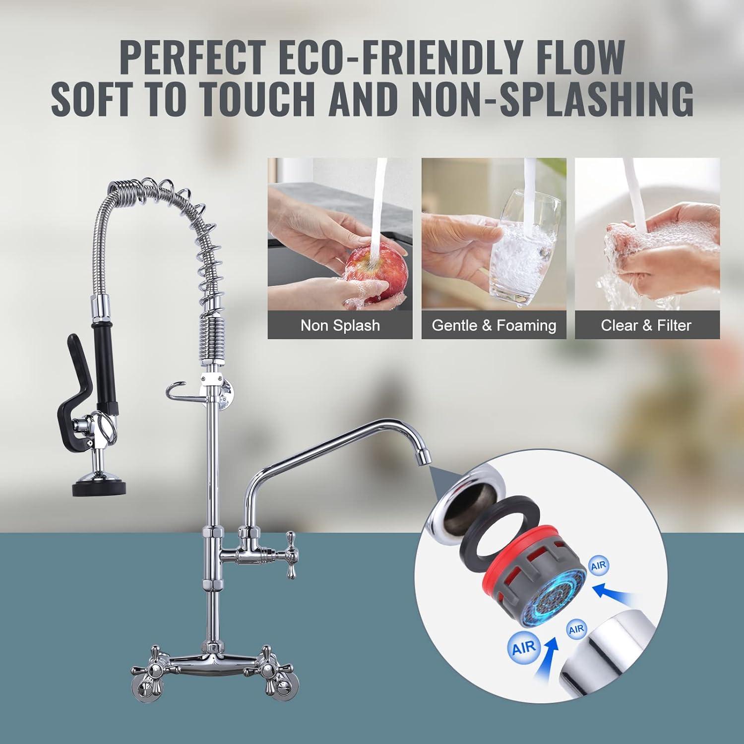 26 in. Commercial 3-Handle Pull Down Kitchen Faucet Wall Mount with Pre Rinse Sprayer in Chrome