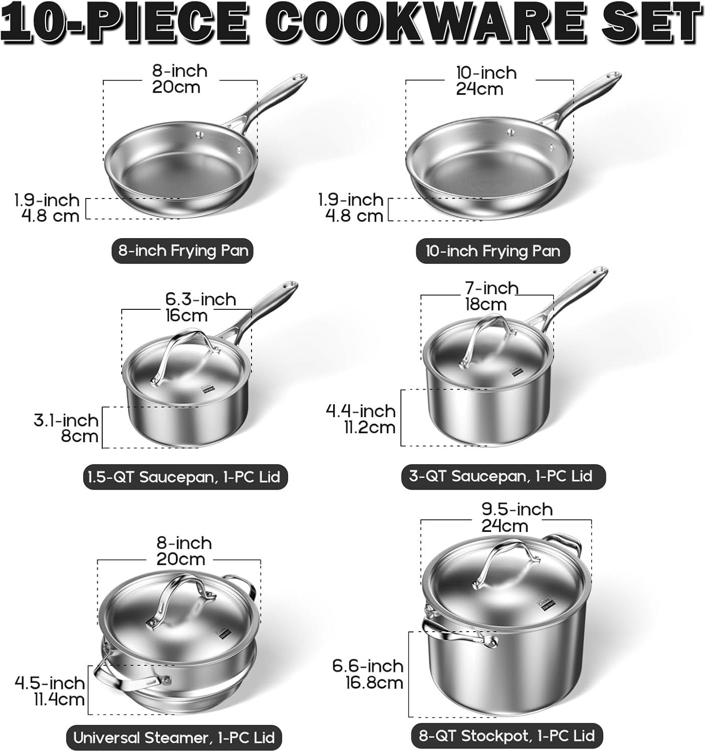 Stainless Steel 10-Piece Tri-Ply Clad Cookware Set