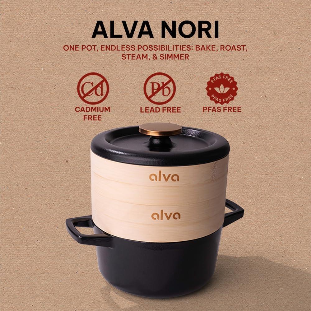 Alva 2 Qt Black Enameled Cast Iron Dutch Oven with Bamboo Inserts