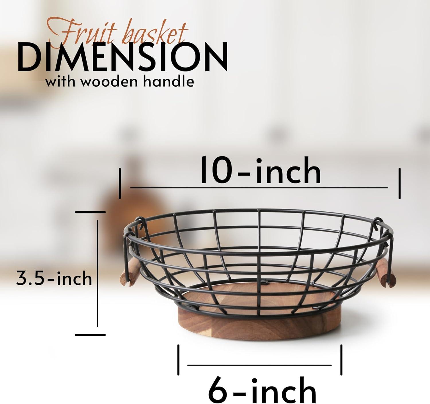 Fruit Basket,black Wire Basket with Acacia Wood Base,large Fruit Bowl for Countertop,black Baskets for Fruits, Breads, Vegetables Storage. (10-inch)