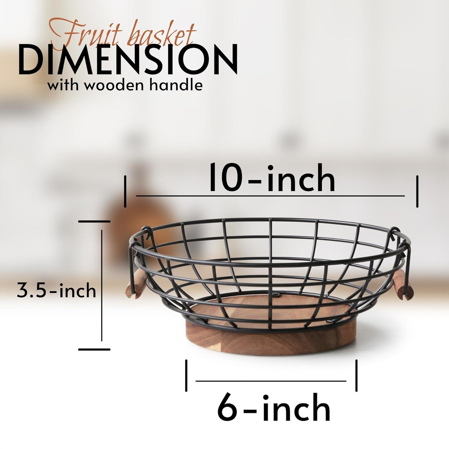 Fruit Basket,black Wire Basket with Acacia Wood Base,large Fruit Bowl for Countertop,black Baskets for Fruits, Breads, Vegetables Storage. (10-inch)