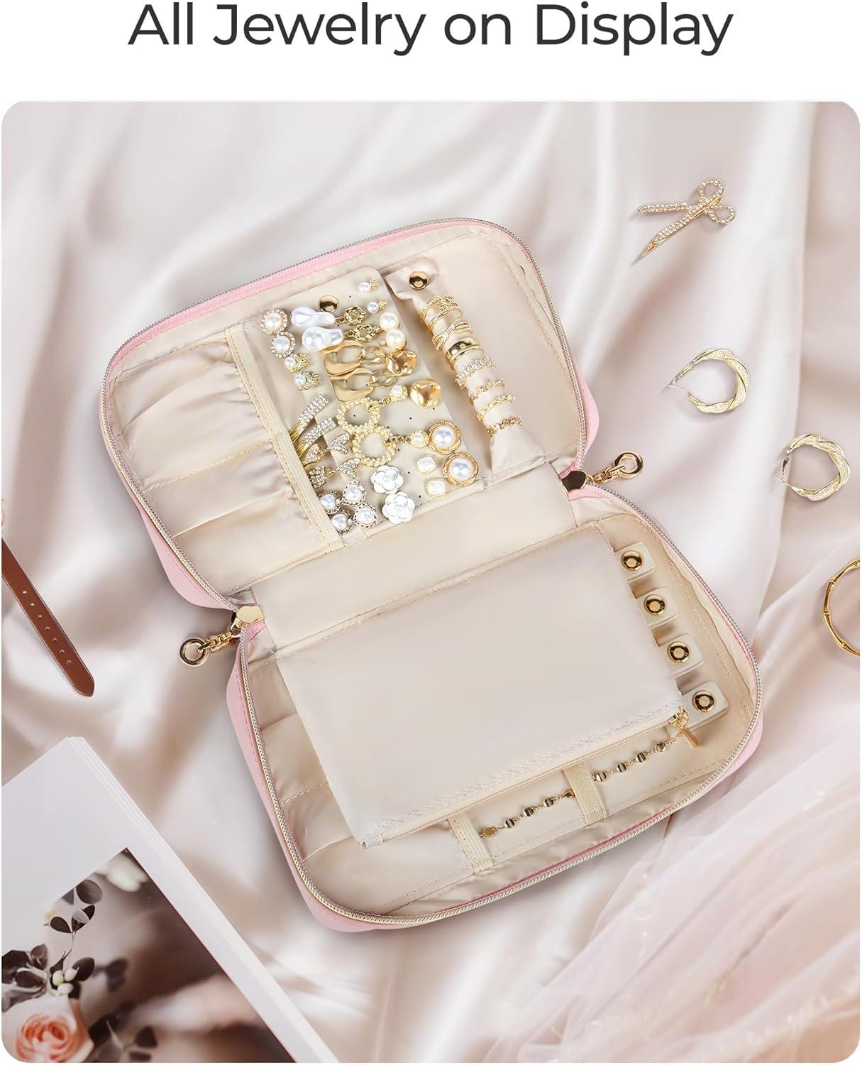Jewelry Organizer Case Travel Jewelry Storage Bag for Necklace, Earrings, Rings, Bracelet, Soft Pink