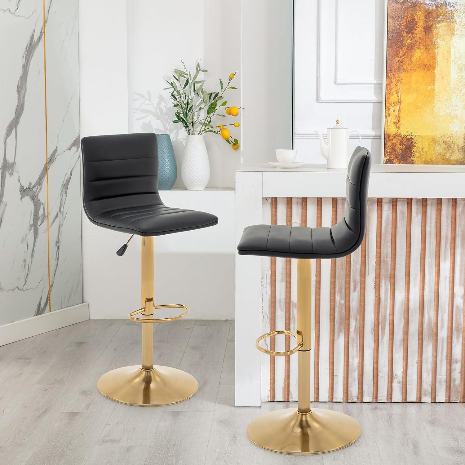 Flash Furniture Modern Black Vinyl Adjustable Bar Stool with Back, Counter Height Swivel Stool with Gold Pedestal Base, Set of 2