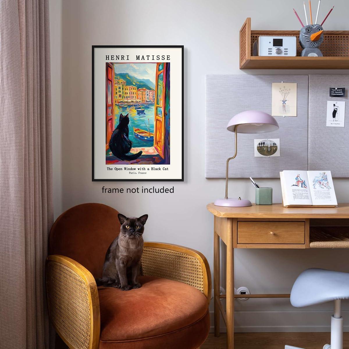 Henri Matisse Oil Paintings on Canvas Wall Art Matisse Famous Open Window Black Cat Poster Funny Cat Floral Print Colorful Farmhouse Gallery Aesthetic Room Decor for Bedroom Bathroom 12x16in Unframed