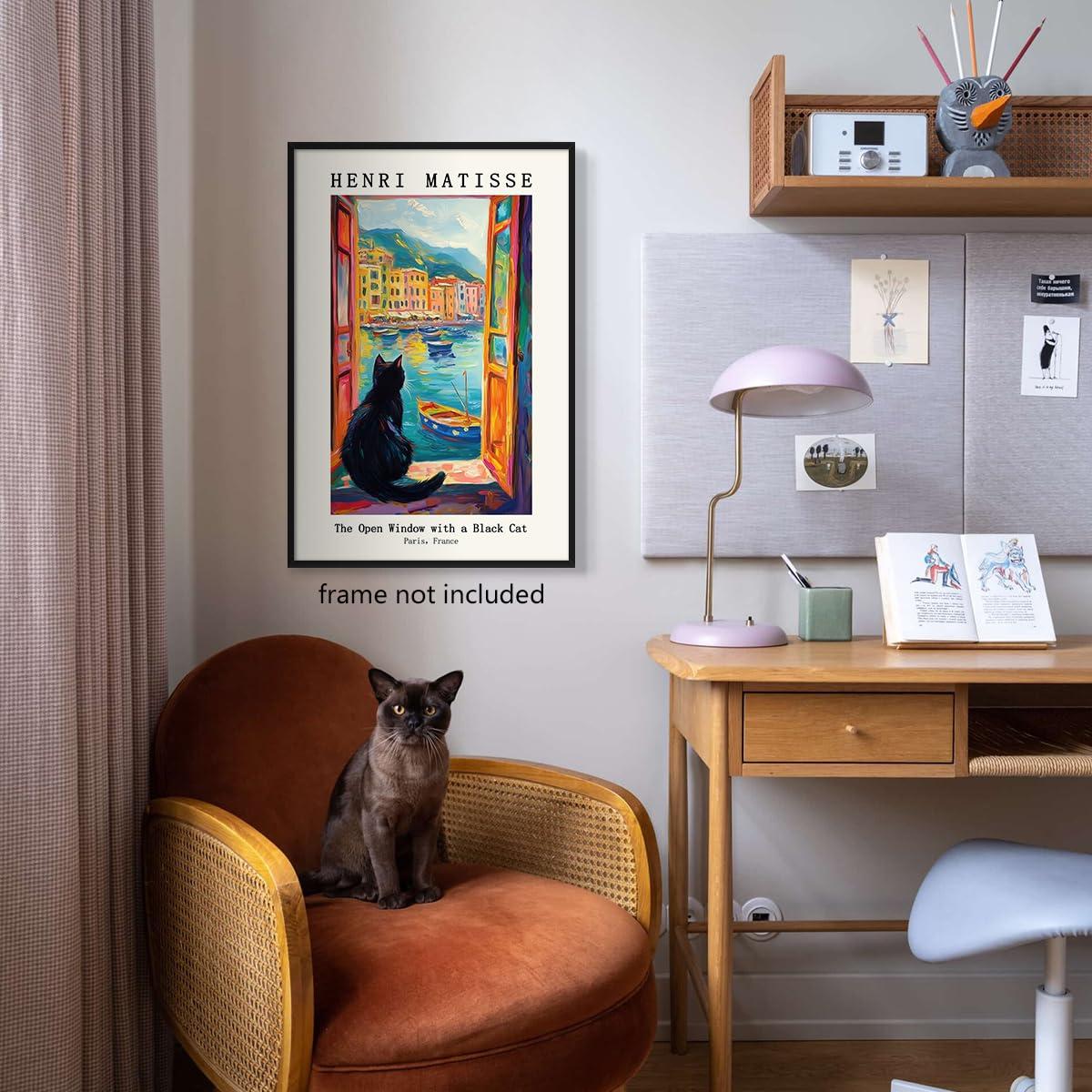 Henri Matisse Oil Paintings on Canvas Wall Art Matisse Famous Open Window Black Cat Poster Funny Cat Floral Print Colorful Farmhouse Gallery Aesthetic Room Decor for Bedroom Bathroom 12x16in Unframed