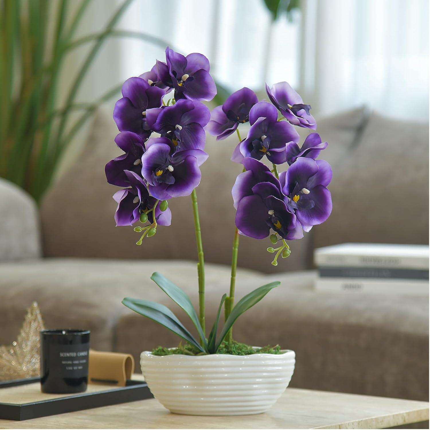 Large Artificial Potted Orchid Plant, Silk Flower Arrangement with Ceramics Vase, Deep Purple