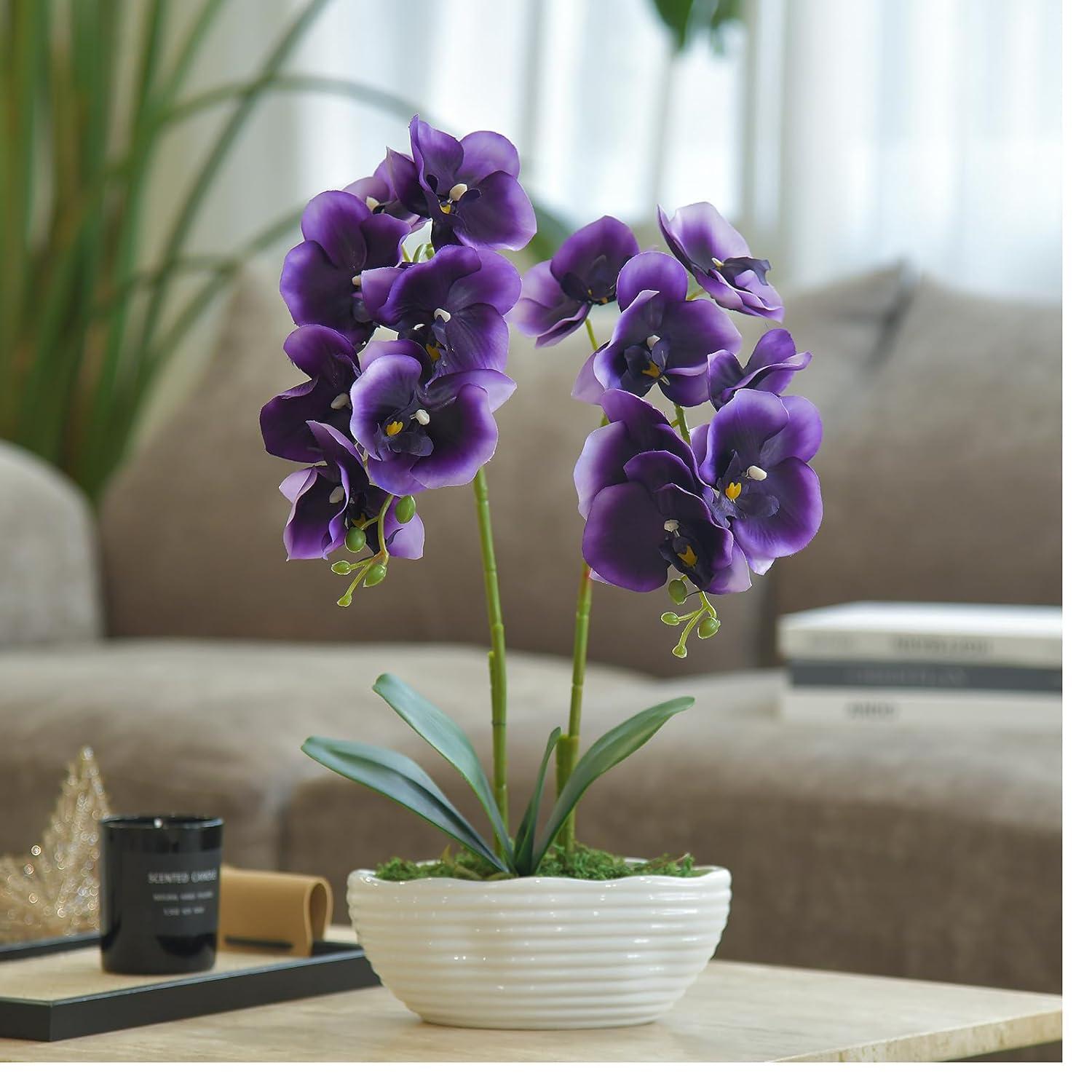 Large Artificial Potted Orchid Plant, Silk Flower Arrangement with Ceramics Vase, Deep Purple