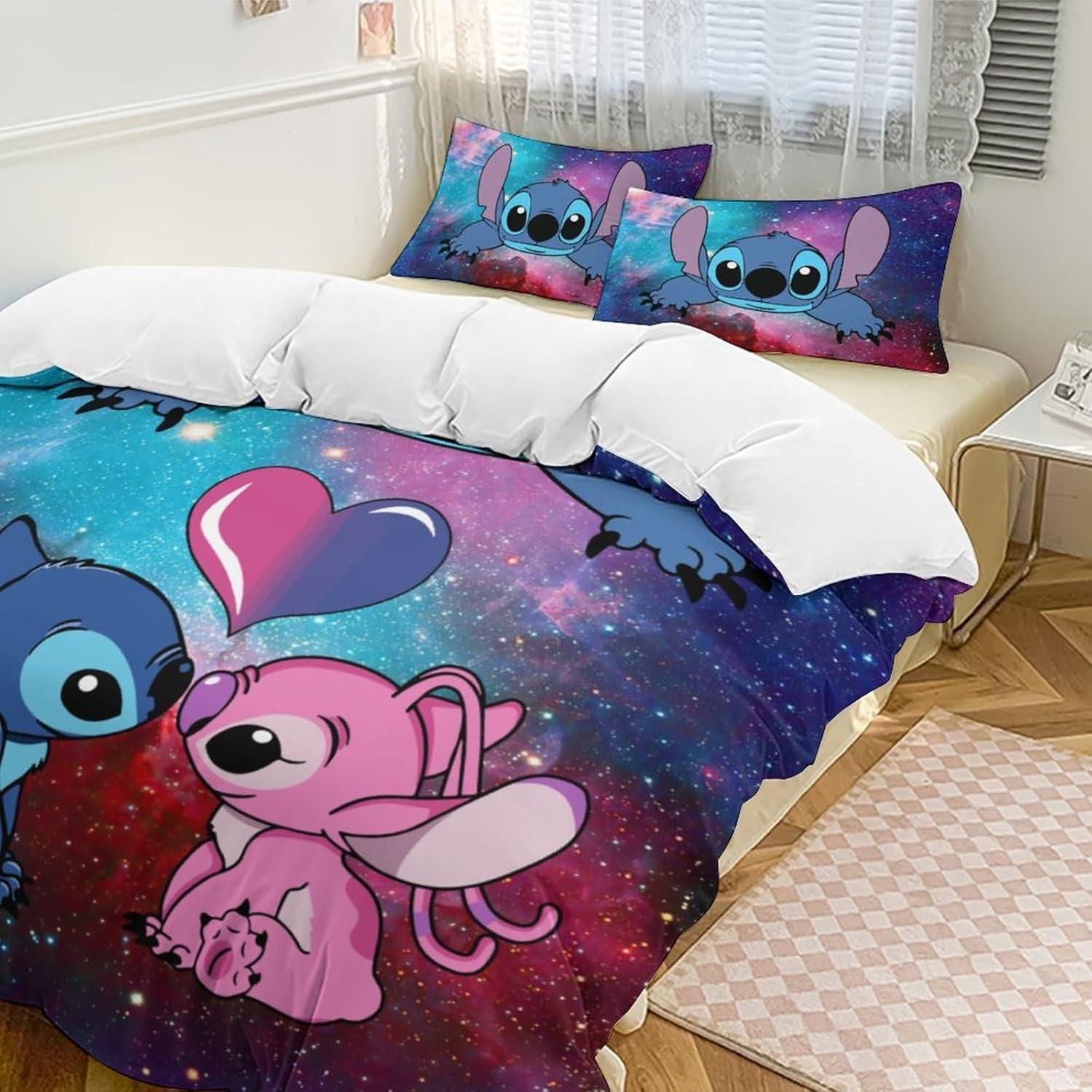 Twin Size Blue and Pink Cartoon Galaxy Bedding Set