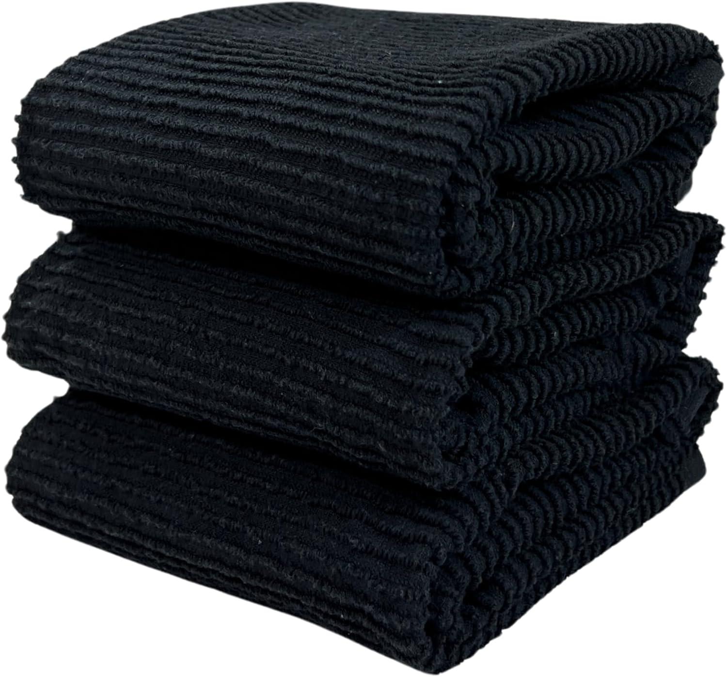 Oversized Black Ribbed Terry Cotton Kitchen Dish Towels Set