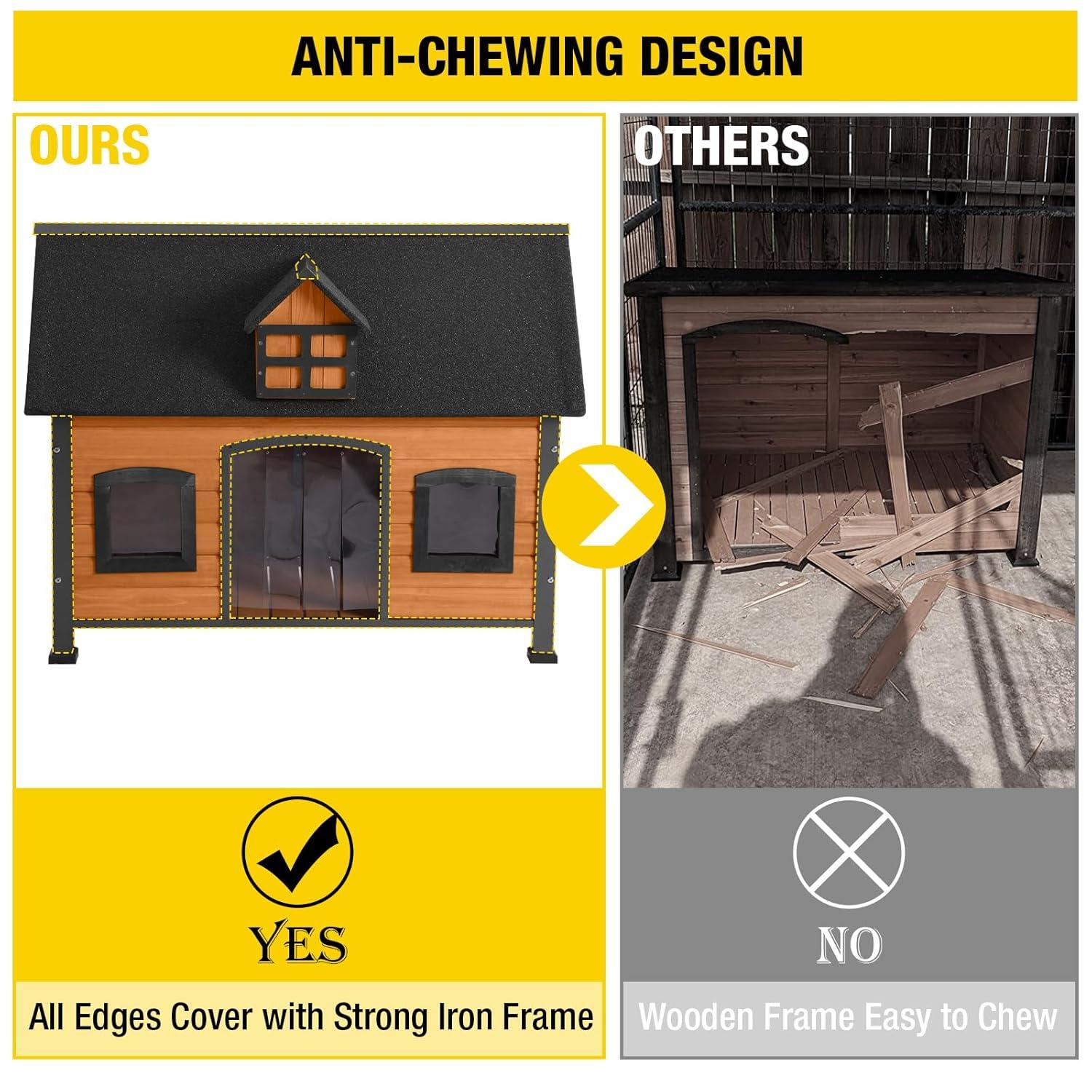 Archie & Oscar™ Lyndhurst Insulated Outdoor Dog House with Insulated Liner, Anti-Chewing Iron Frame Wooden Dog Kennel with Unique Design Roof, Weatherproof Dog House for Outdoor Indoor