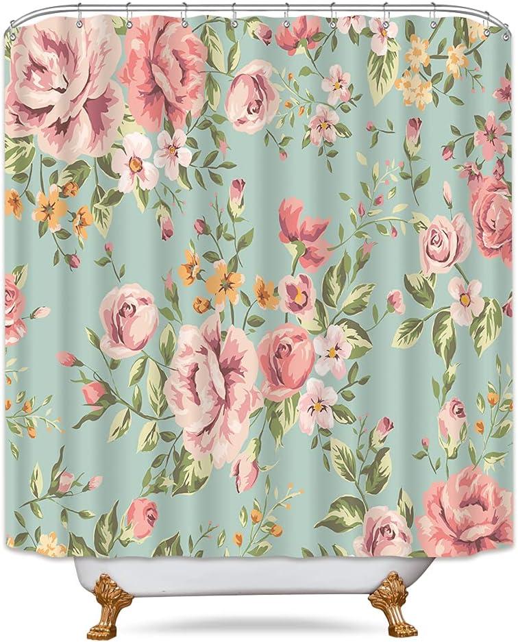 Fabric Pink Flower Shower Curtain for Bathroom 72Wx72H Inch Rose Floral Blooming Green Leaves for Girl Women Bathtub Accessories Decor Rustic Waterproof Fabric Bathroom 12 Pack Hooks WW-NDHC