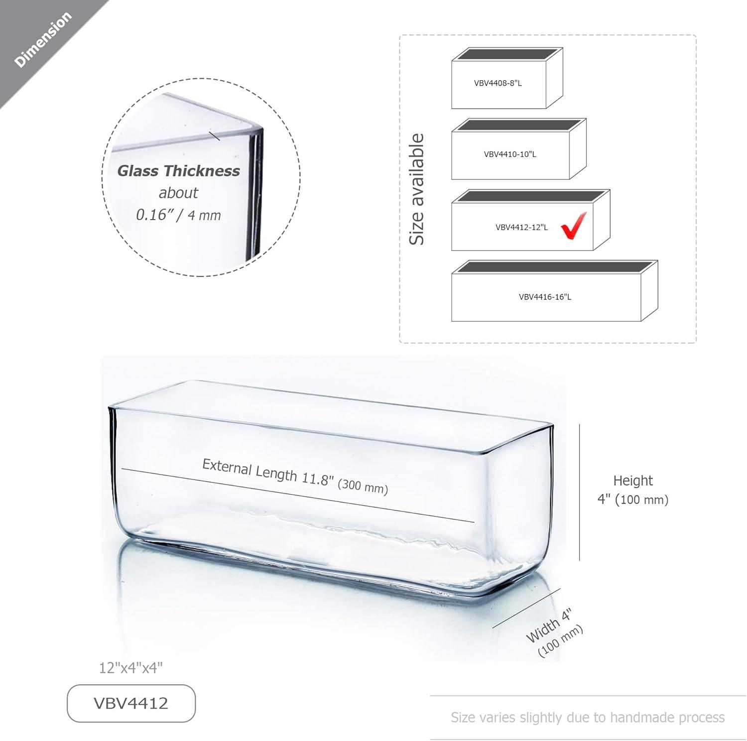 WGV Rectangle Block Glass Vase, Width 4", Length 12", Height 4", Clear Long Floral Container, Candle Holder for Home Office Wedding Decor, 1 Piece