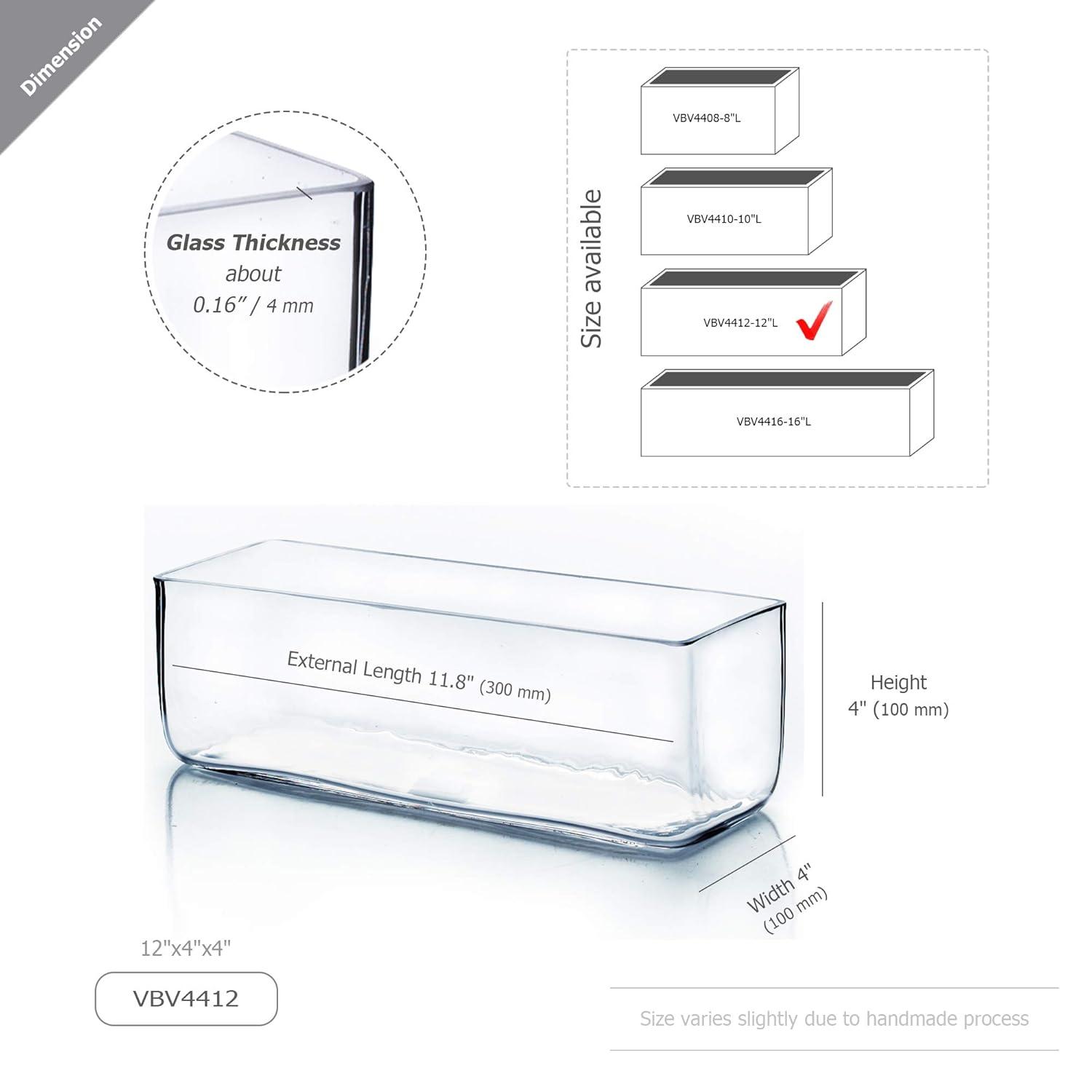 WGV Rectangle Block Glass Vase, Width 4", Length 12", Height 4", Clear Long Floral Container, Candle Holder for Home Office Wedding Decor, 1 Piece