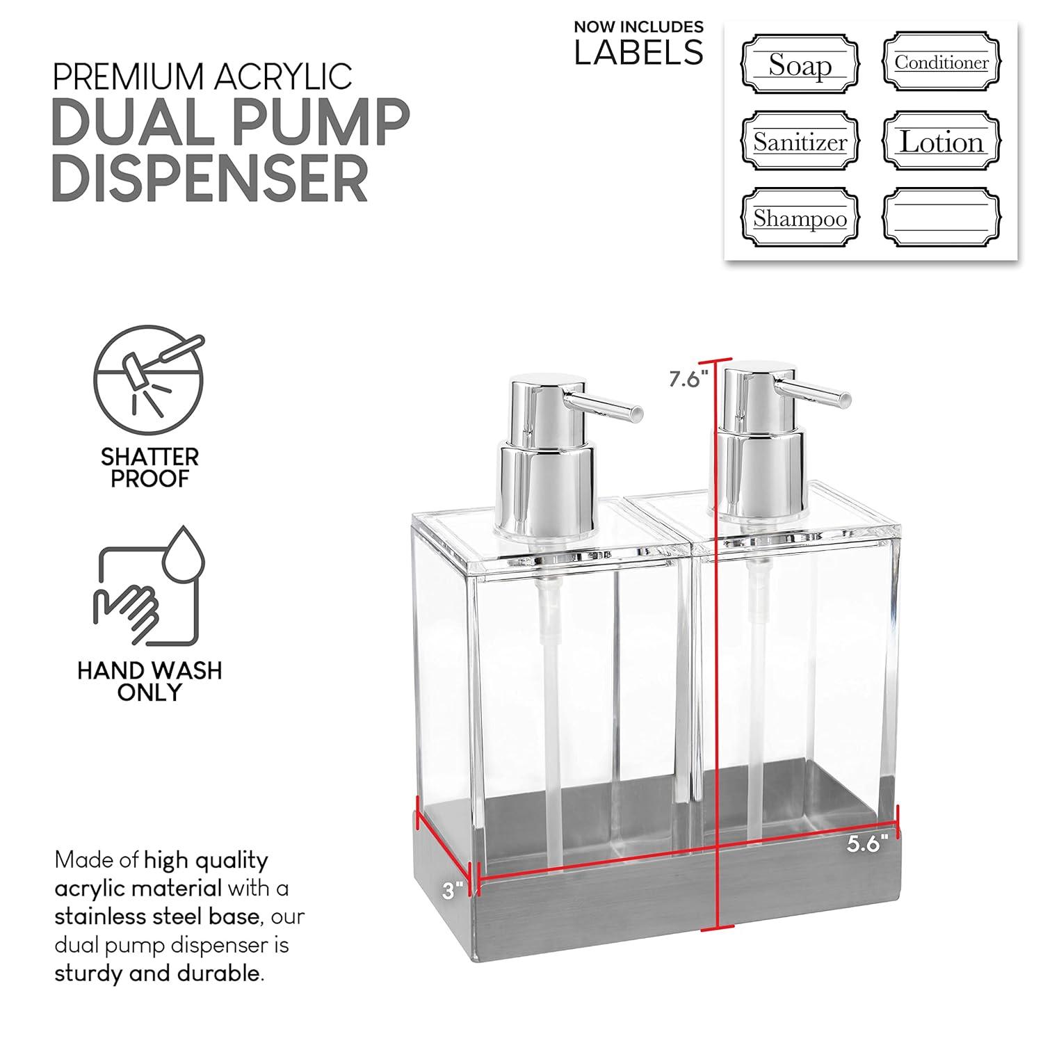 Modern Innovations Acrylic Twin Liquid Soap and Lotion Dispenser Set with Caddy - Double Soap Dispenser for Kitchen Sink - Clear Soap Dispenser for Bathroom, Shampoo, Conditioner, Body Wash