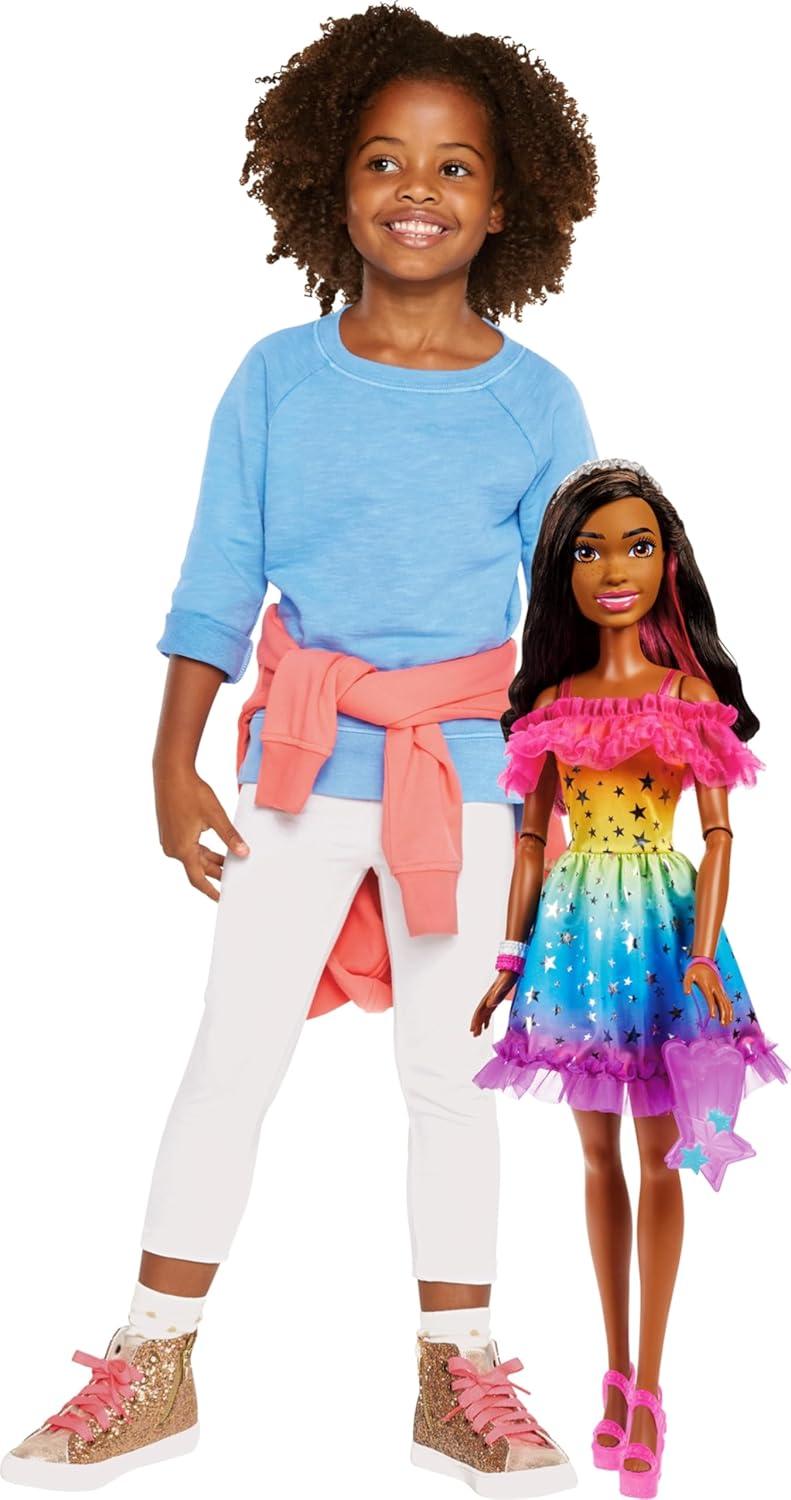 Barbie Large Doll, Dark Brown Hair, 28 Inches Tall with Rainbow Dress & Styling Accessories Like Shooting Star Handbag