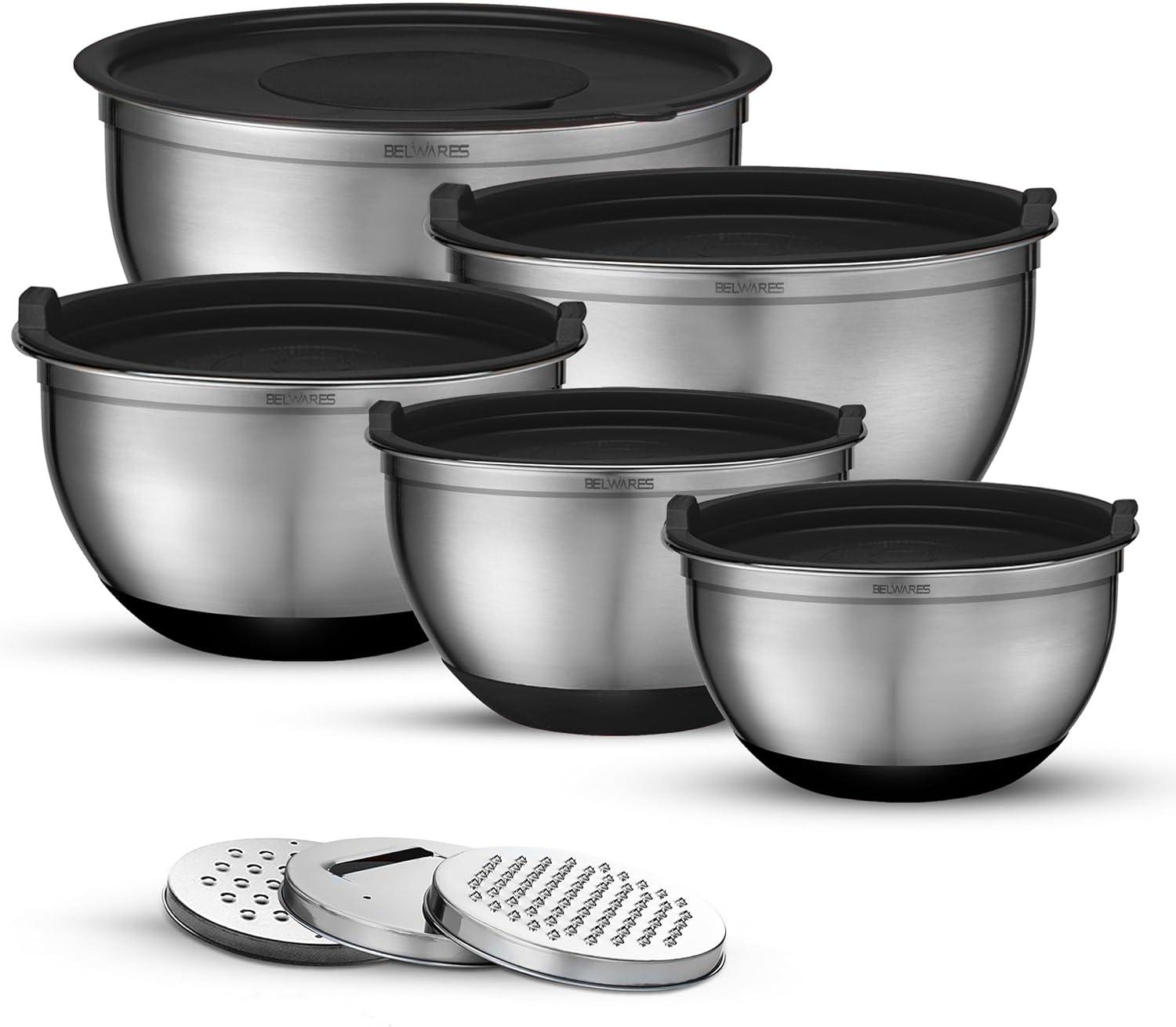 Toledo Bath & Kitchen Stainless Steel Mixing Bowls With Lids, 5-Pack Metal Nesting Bowls With Airtight Covers For Cooking, Baking, Serving, Storage, Non-Toxic & Dishwasher Safe, Size 4.6/3/1.5/1/0.7QT - Khaki