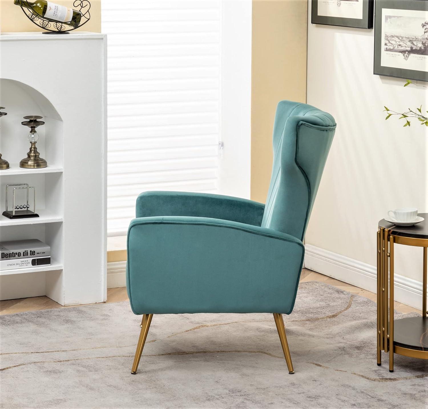 Teal Velvet Channel Tufted Armchair with Metal Legs