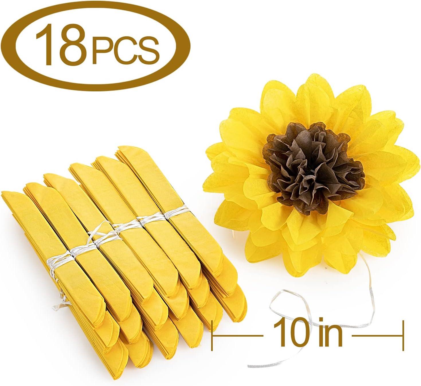 Sunflowers Party Decorations Yellow Tissue Pom Poms Paper Flowers for Classroom Baby Shower Wedding Birthday Party Backdrop Home Decoration, 10 Inch, Pack of 18