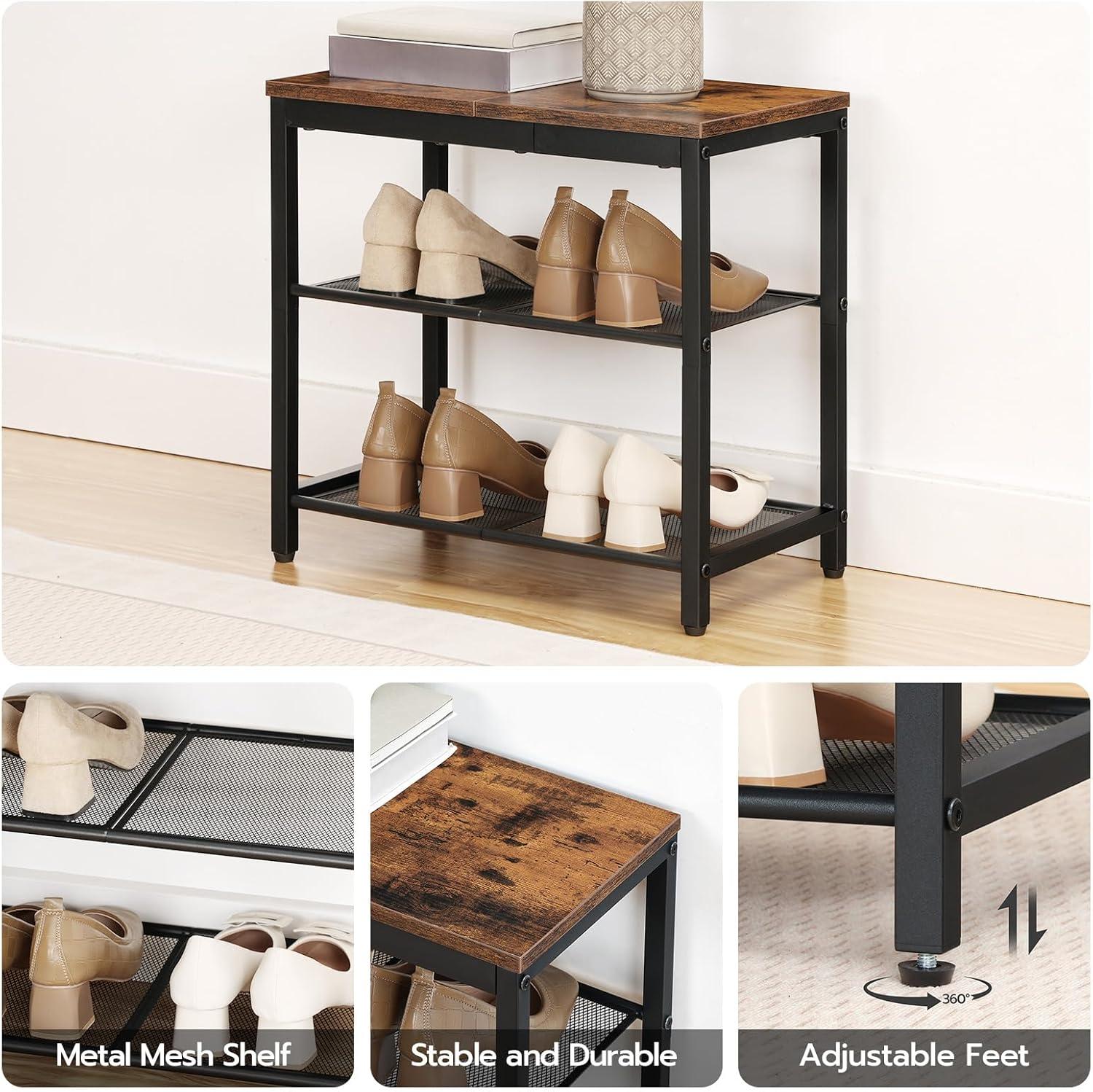 Shoe Bench, 3-Tier Shoe Rack, Industrial Shoe Organizer Storage Bench, 29.5 inches Entry Bench with Mesh Shelves, for Entryway, Living Room, Hallway, Easy Assembly, Rustic Brown BF75HX01