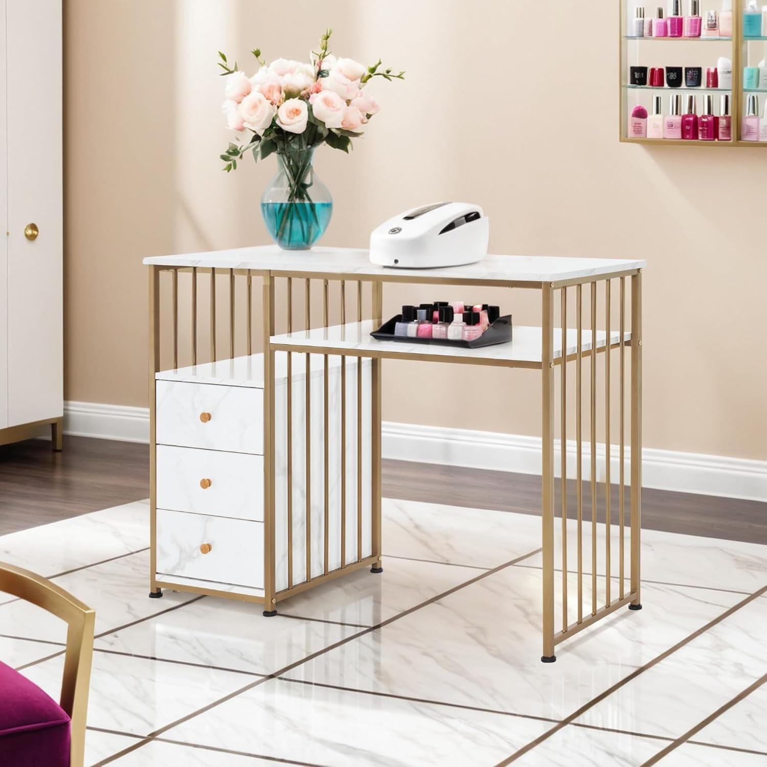 BarberPub Makeup Vanity Desk with Drawer, Manicure Table with Metal Frame