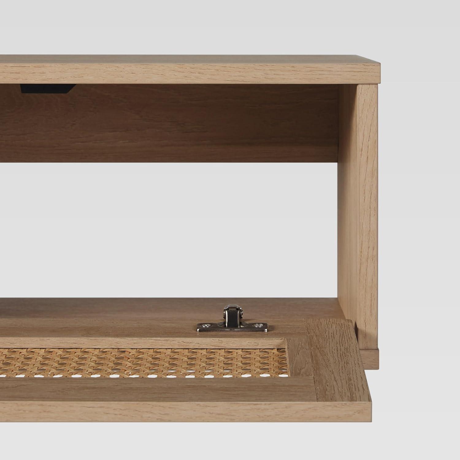 Walker Edison Modern Floating Rattan-Door TV Stand for TVs up to 65”, Coastal Oak