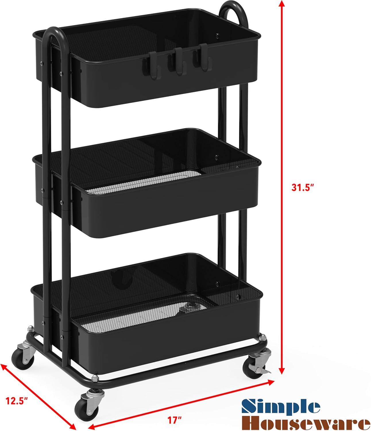 Black Heavy Duty 3-Tier Metal Utility Rolling Cart